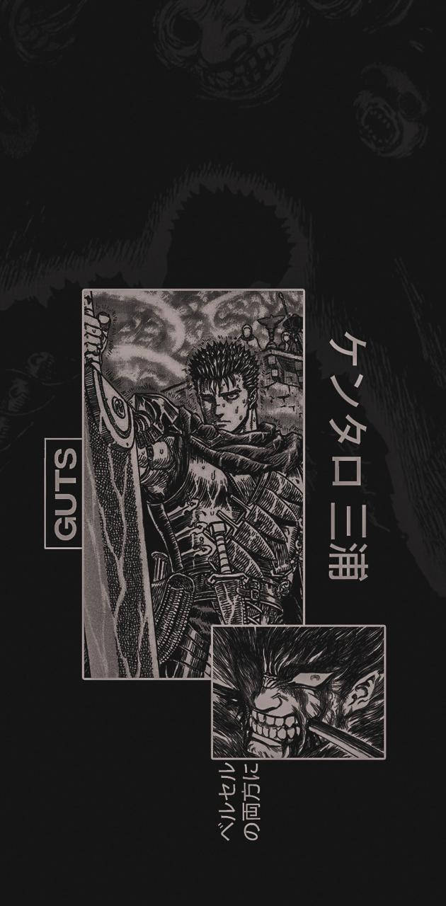 Berserk Guts 桌布 壁紙 — 一幅粗獷的黑白漫畫插圖，描繪戰士格斯在黑暗背景中手持劍，周圍有骷髏頭。
