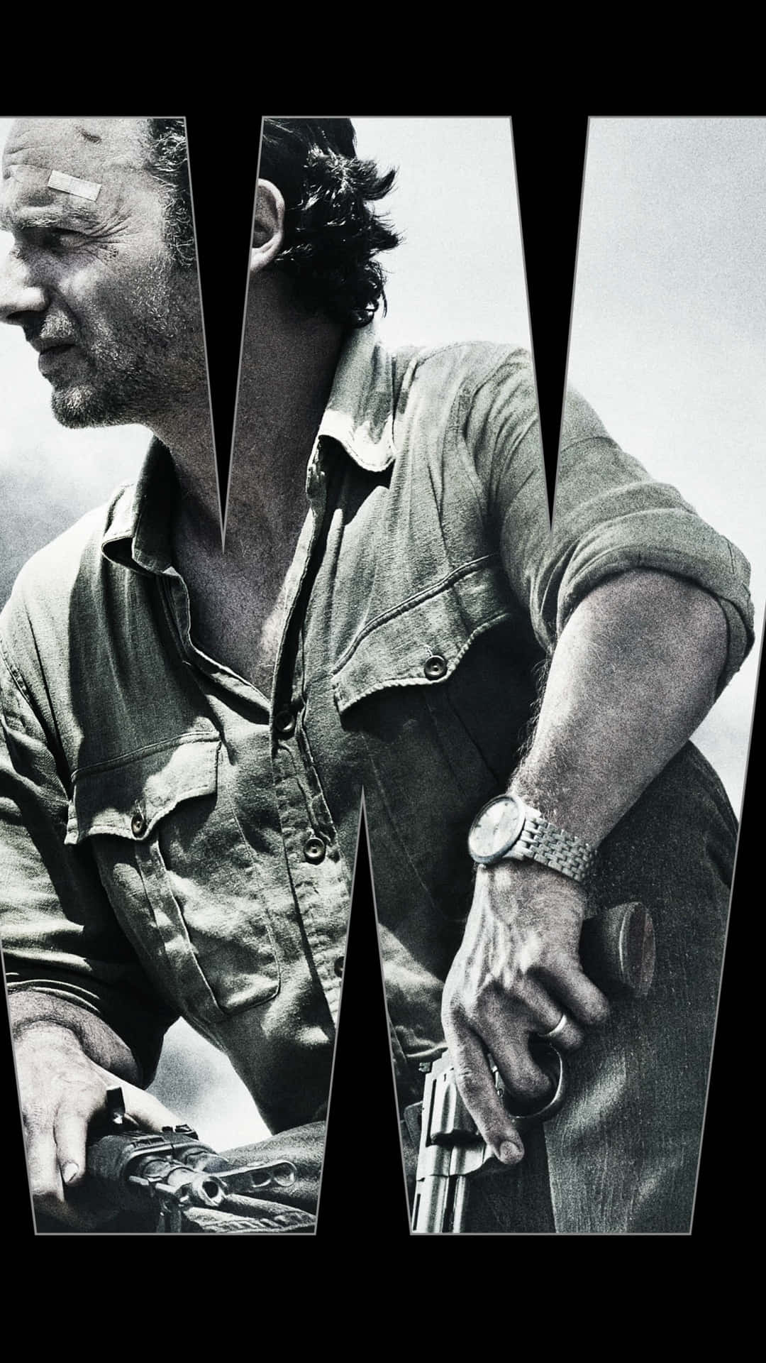 The Walking Dead iPhone 桌布 壁紙 — 一幅粗獷的黑白肖像，一個頭部纏著繃帶的粗獷男子，透過一個風格化的字母W握著一把左輪手槍。