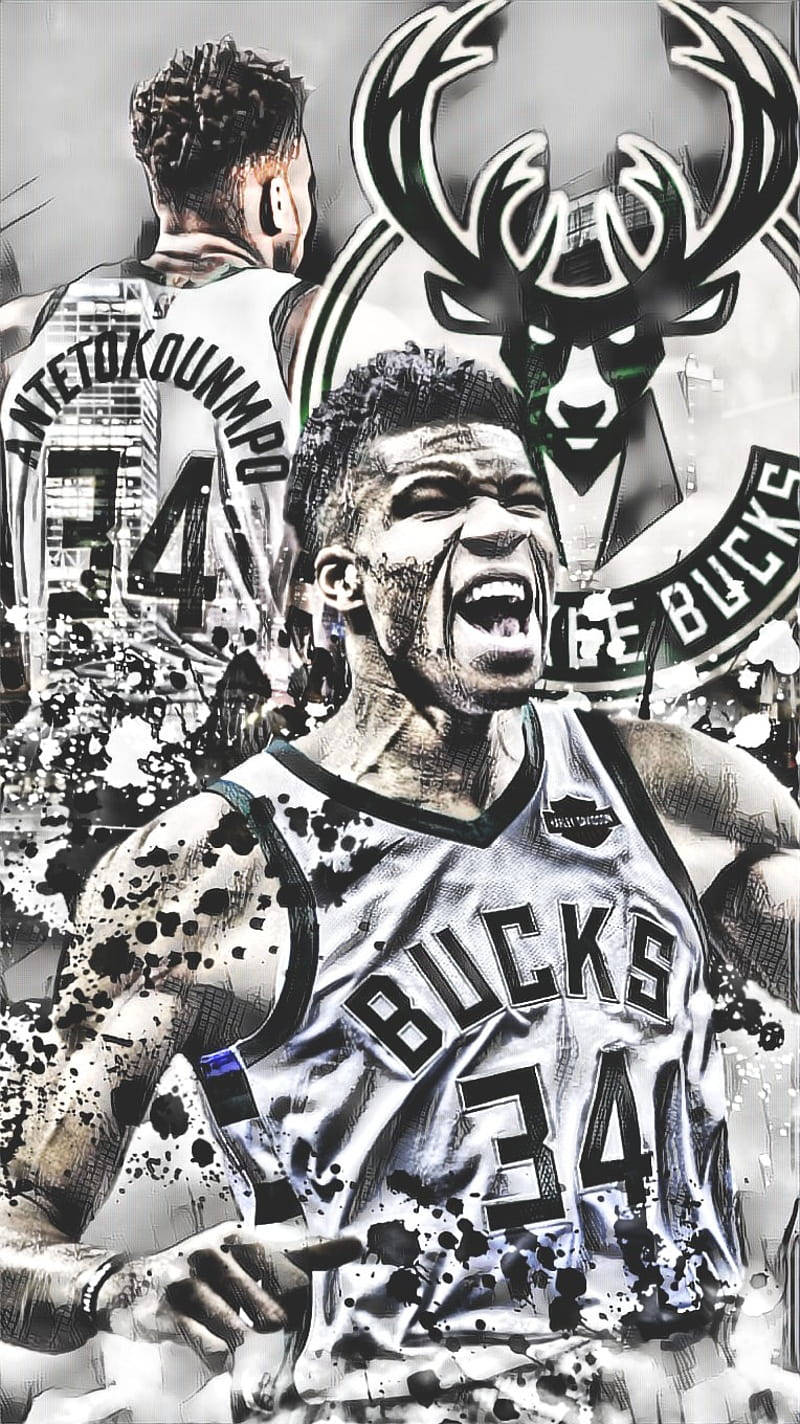 Bucks 桌布 壁紙 — 一幅粗獷風格化的Giannis Antetokounmpo肖像，身穿密爾瓦基公鹿隊球衣，在潑濺效果和球隊標誌中咆哮，充滿強烈氣勢。