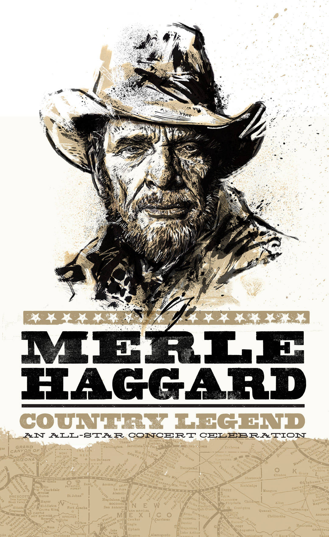 Man 桌布 壁紙 — 一幅粗獷風格的 Merle Haggard 插畫肖像，頭戴破舊牛仔帽，下方有粗體文字，背景為地圖。