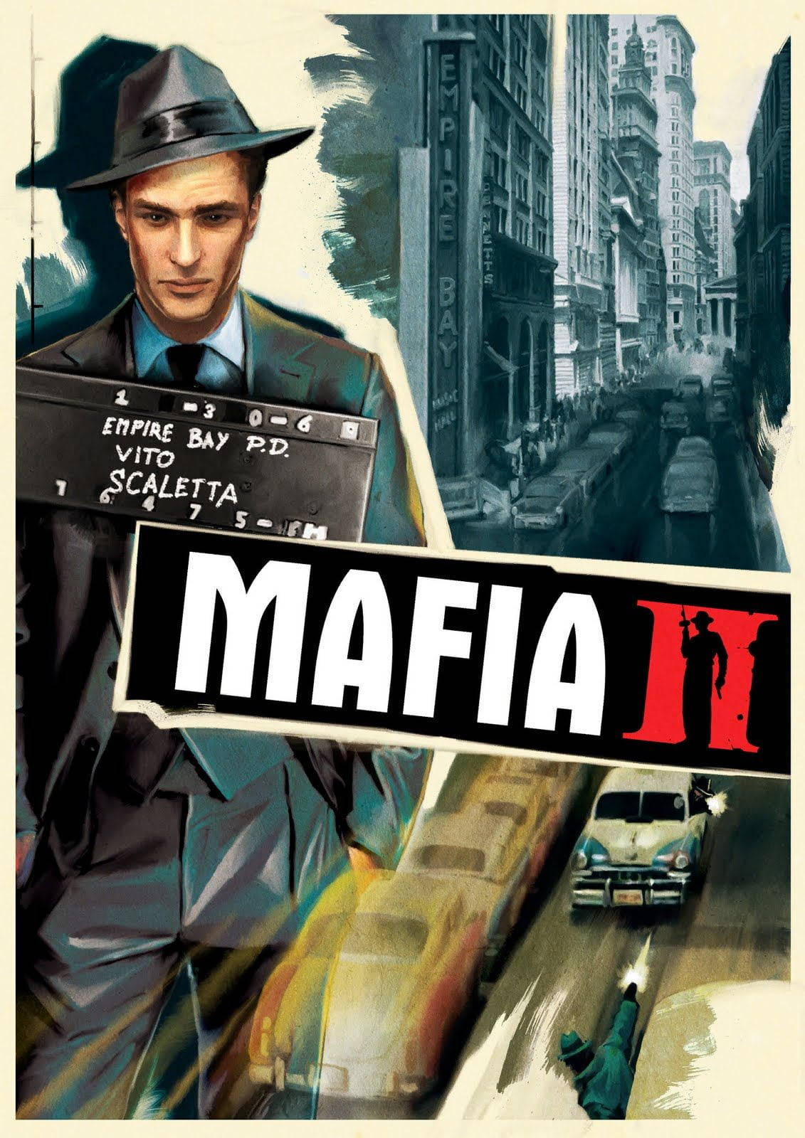 Mafia 桌布 壁紙 — 一幅粗獷風格的《四海兄弟II》插畫海報，描繪一位戴著紳士帽的偵探，手持嫌犯照片，背景是經典汽車和雨中的城市街道。