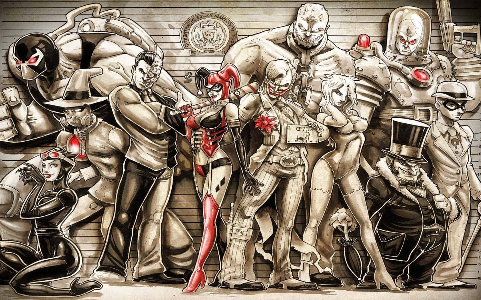 Joker Comic 桌布 壁紙 — 一幅粗糙插畫風格的蝙蝠俠反派群像，如哈莉·奎茵和雙面人，在帶有警察封條的磚牆前擺姿勢。
