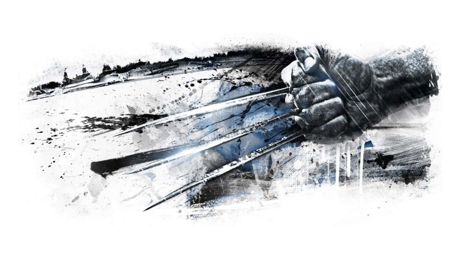 Adamantium 桌布 壁紙 — 一幅粗糙水彩風格插圖，描繪一隻緊握的拳頭，伸出的亞德曼金屬爪，背景是雪山。