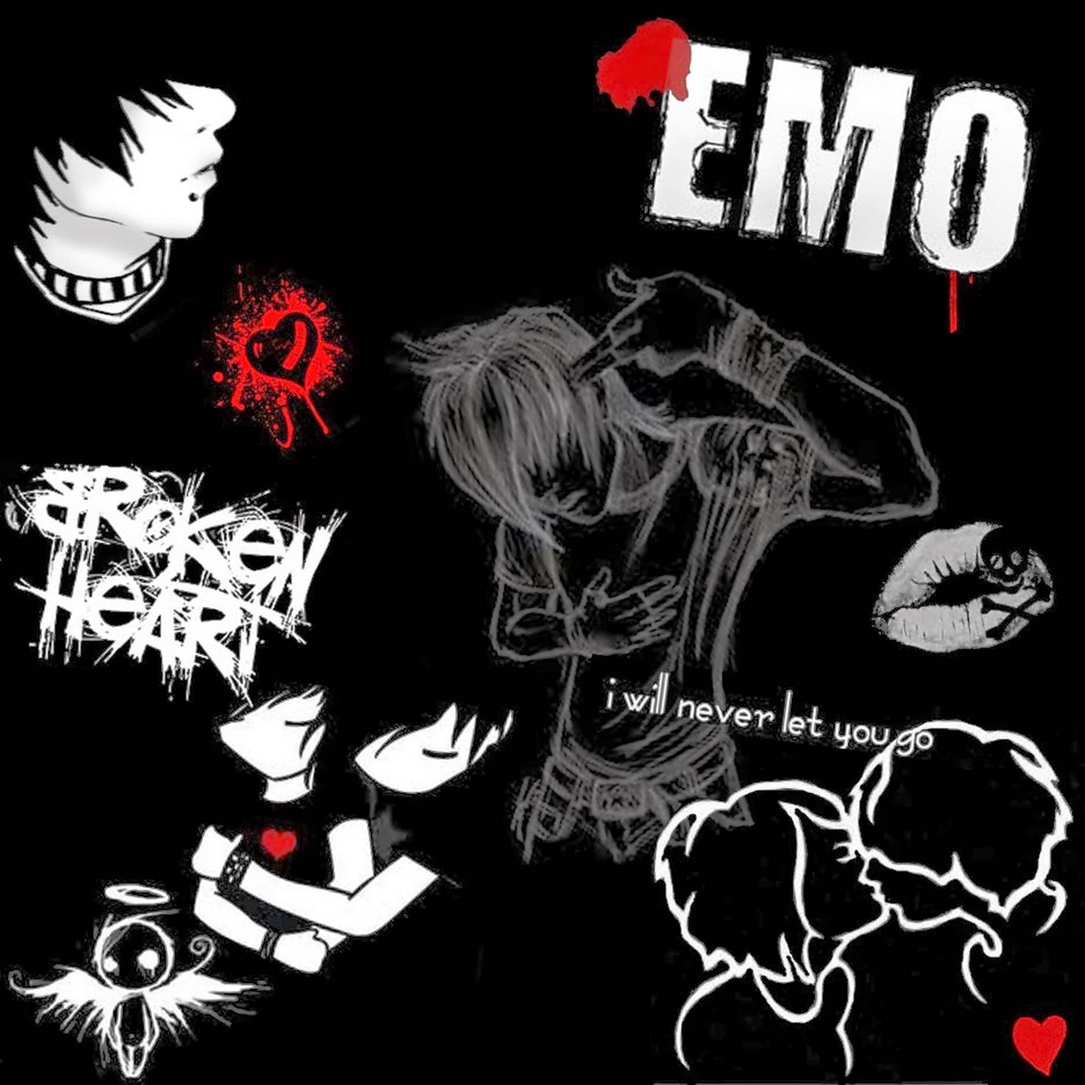 emo 頭像 桌布 壁紙 — 一幅粗糙的emo美學拼貼畫，包含黑白素描的痛苦人物、紅色心形飛濺，以及深色背景上的粗體文字如「EMO」和「broken heart」。