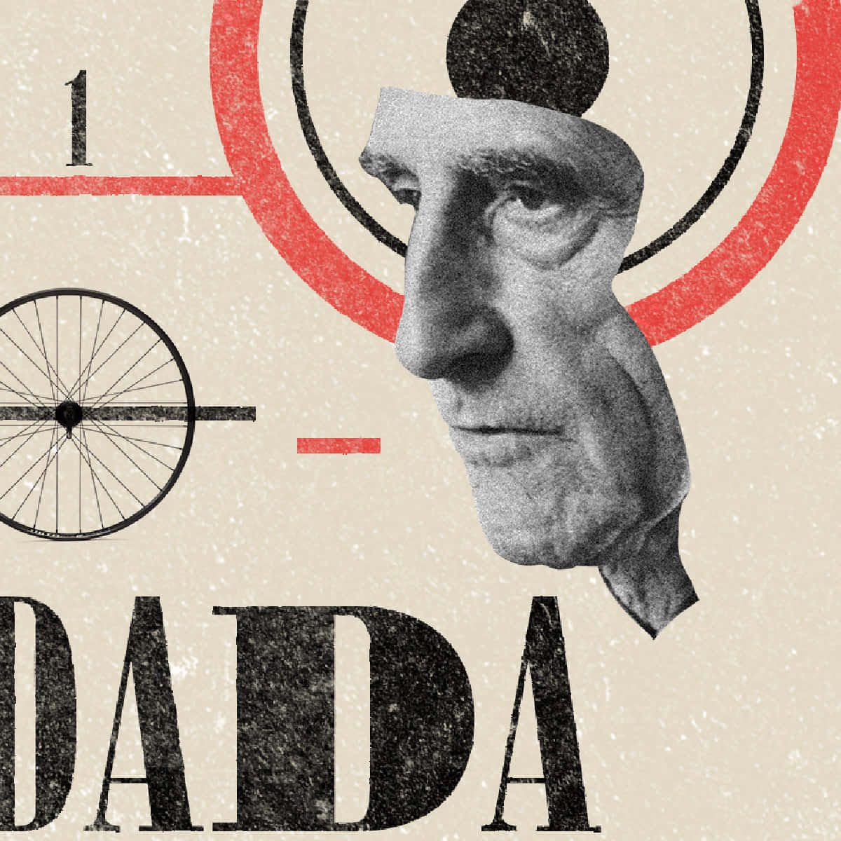 Dadaism 桌布 壁紙 — 一幅粗糙的拼貼畫，以紋理米色背景為襯托，呈現單色男性面孔、腳踏車車輪和鮮明的紅色幾何形狀。