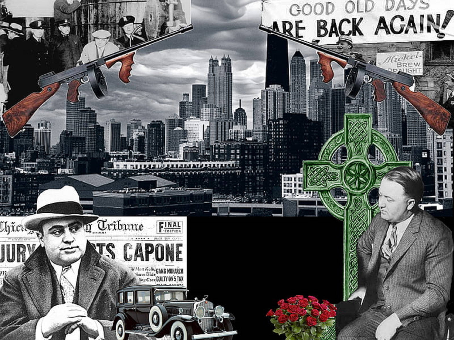 Capone 桌布 壁紙 — 一幅粗糙的拼貼畫將阿爾·卡彭的警方檔案照、復古汽車和交叉步槍與現代城市天際線、綠色凱爾特十字架和紅玫瑰結合在一起。