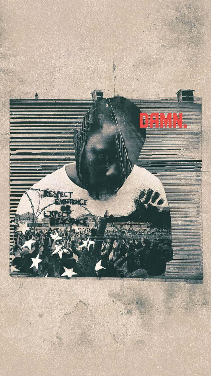 Hip Hop Album Covers 桌布 壁紙 — 一幅粗糙的拼貼肖像，男子面容扭曲，人群圖像疊加在帶有紅色「DAMN.」文字的紋理背景上。