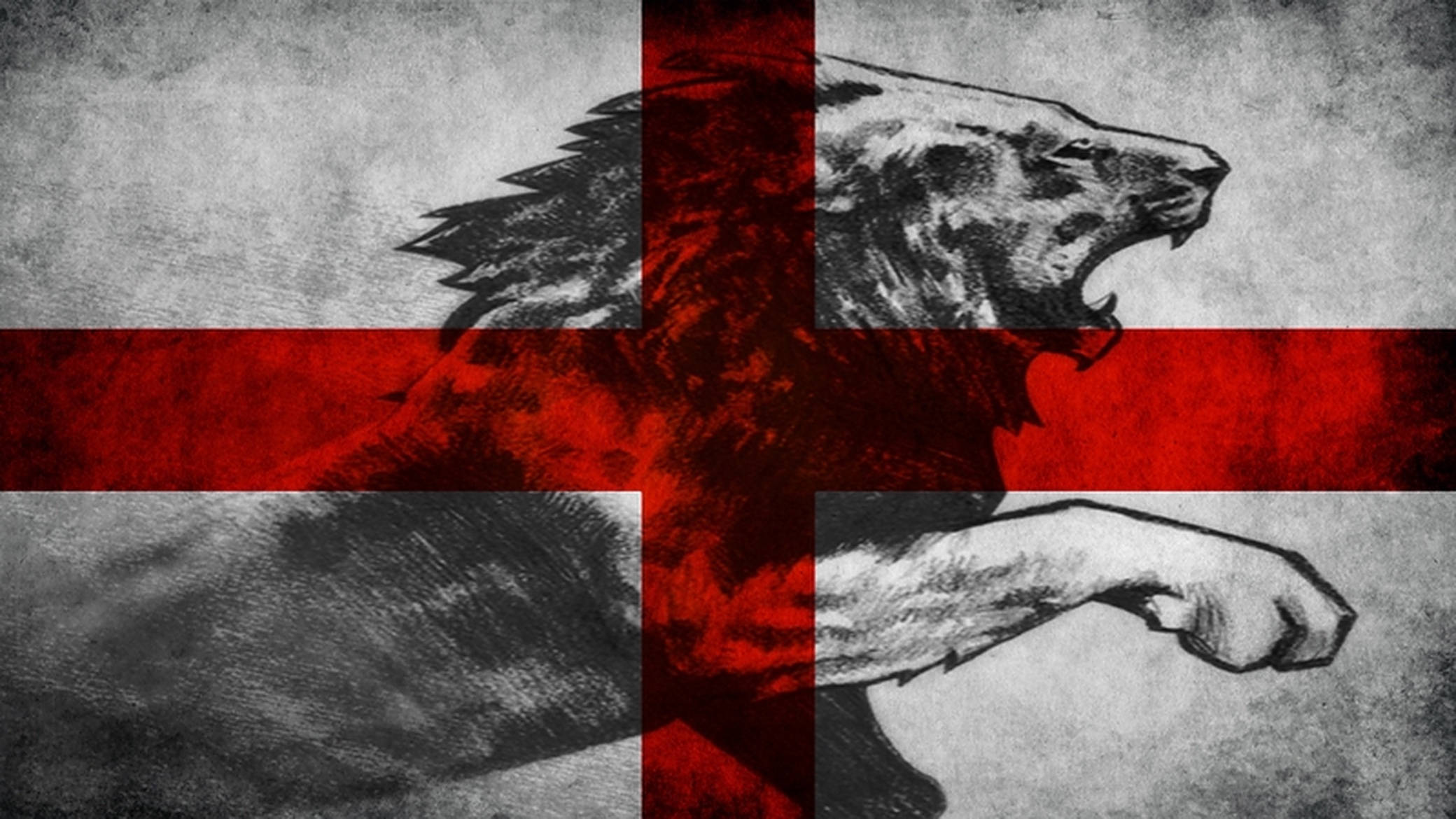 England Flag 桌布 壁紙 — 一幅粗糙的插圖，描繪一隻咆哮的獅子和緊握的拳頭疊加在紅色十字架上，背景是風化的灰色。