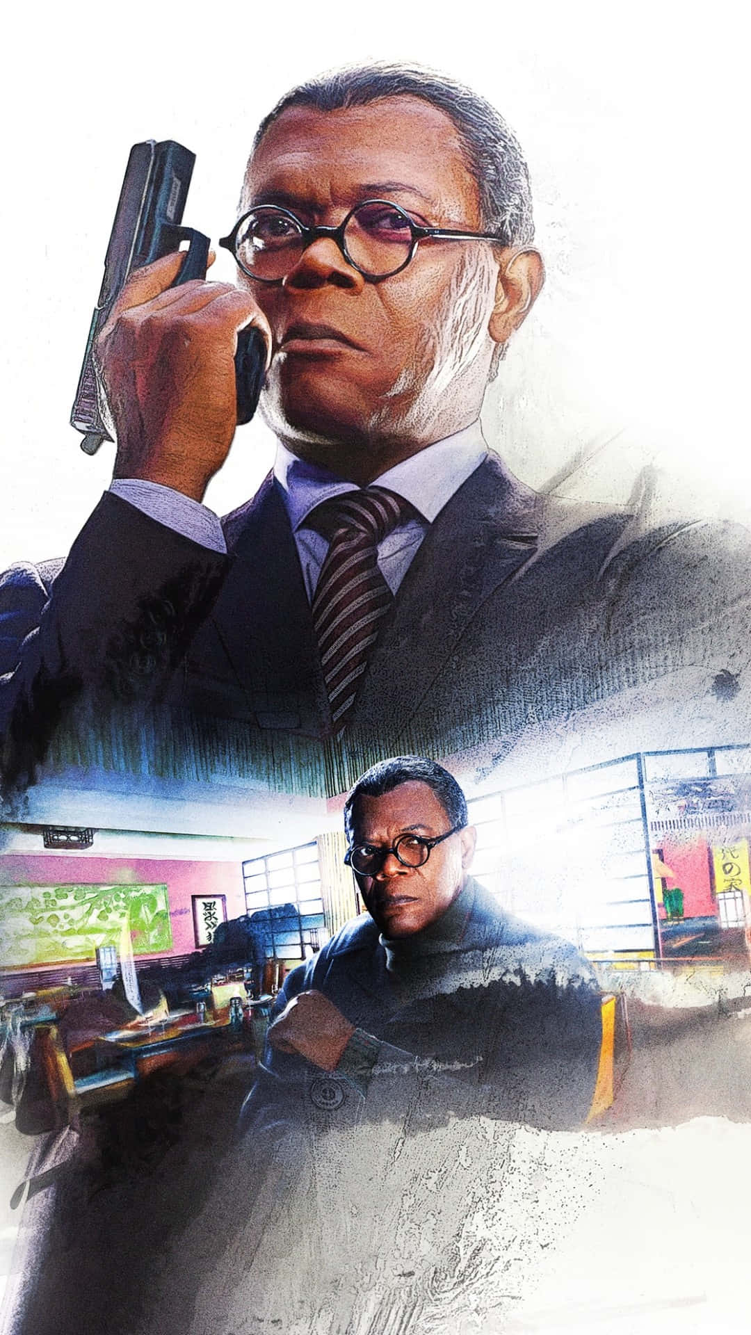 actor 桌布 壁紙 — 一幅粗糙的插圖肖像，描繪一名身穿西裝的男子持槍指向自己的頭部，下方有另一人物，房間光線昏暗。