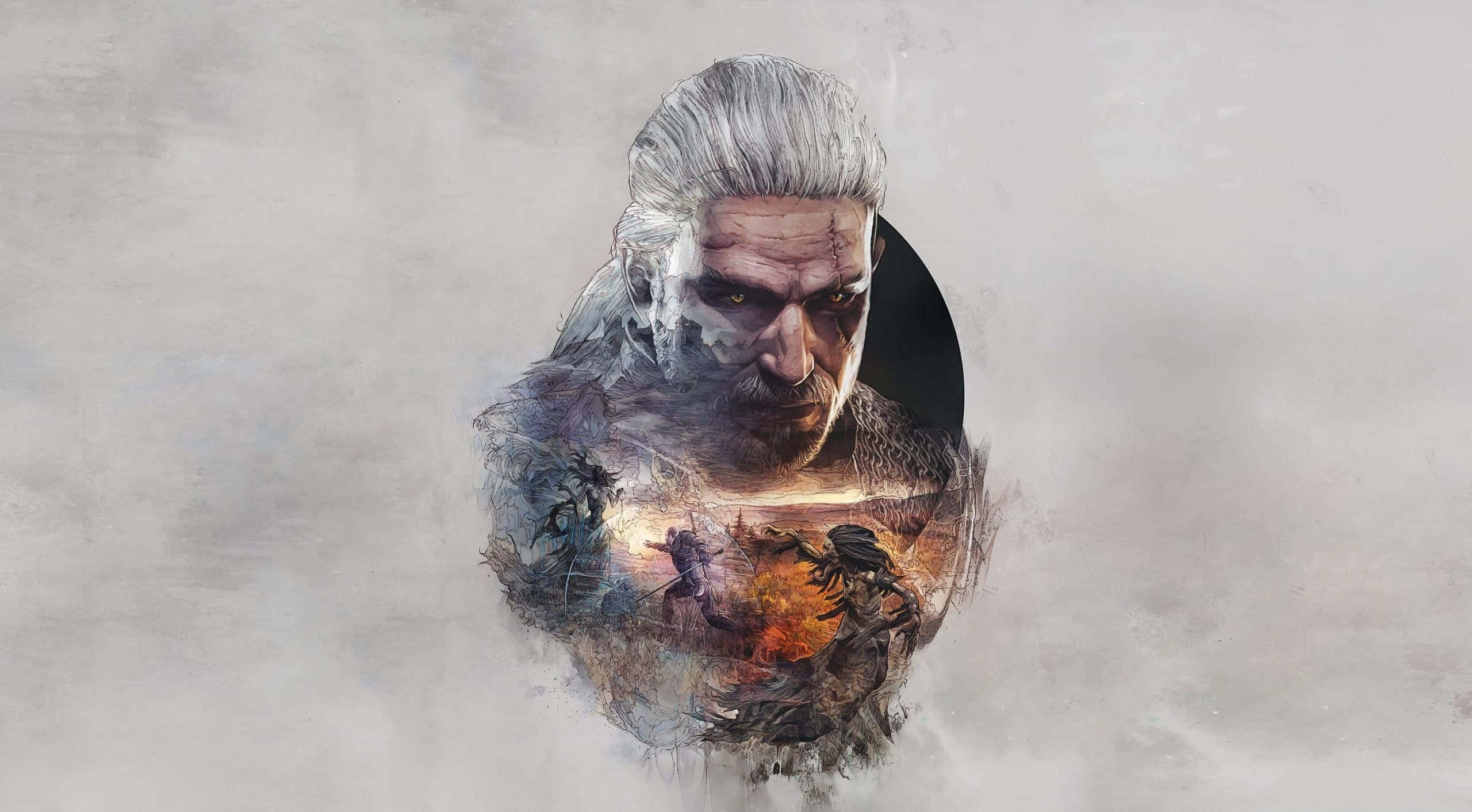 The Witcher 3 Wild Hunt 桌布 壁紙 — 一幅粗糙的數位肖像畫，描繪利維亞的傑洛特的臉部和軀幹融合成熾熱的戰鬥場景。