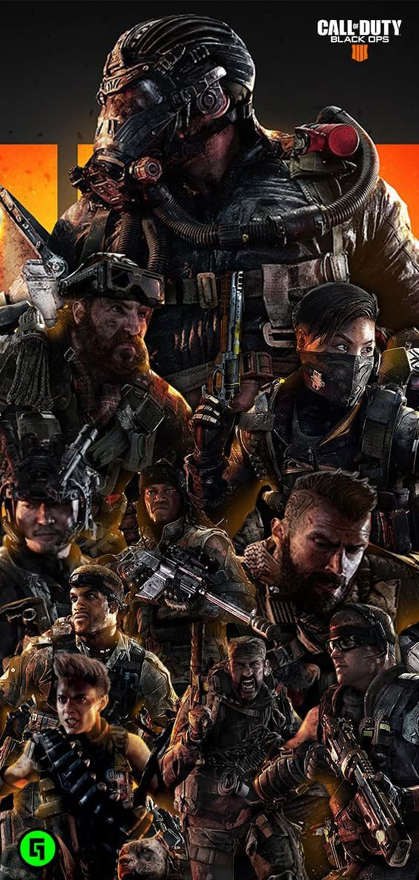 YouTube Gaming 桌布 壁紙 — 一幅粗糙的數位藝術拼貼畫，描繪了身穿戰術裝備、手持槍械的多樣化士兵，背景是火熱的橙色和黑色。