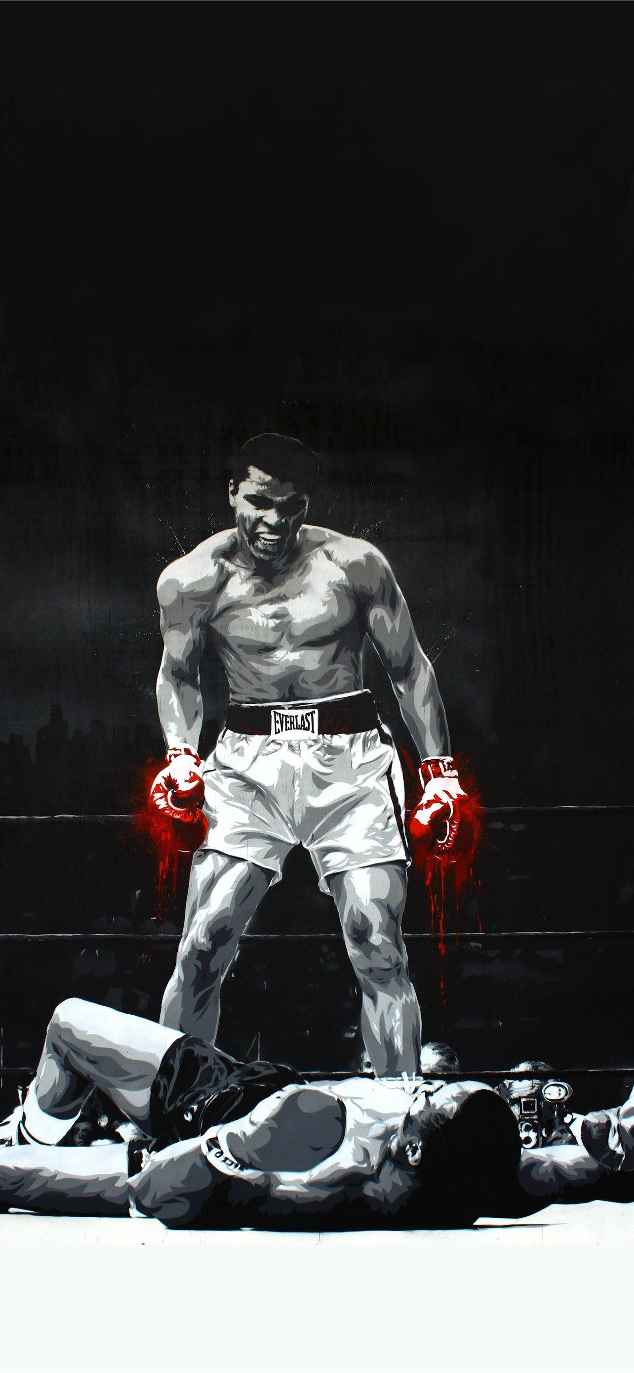Boxing 桌布 壁紙 — 一幅粗糙的數位藝術描繪，一位勝利的拳擊手站在倒下的對手之上，在燈光昏暗的拳擊台上，戴著發光的紅色手套。