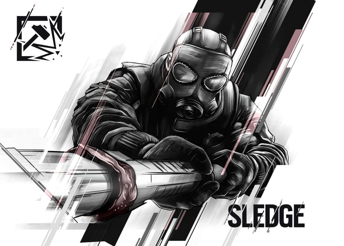 Rainbow Six Siege Sledge 桌布 壁紙 — 一幅粗糙的數位藝術插圖，描繪一名戴面具的士兵緊握重型武器，帶有動態運動線條。