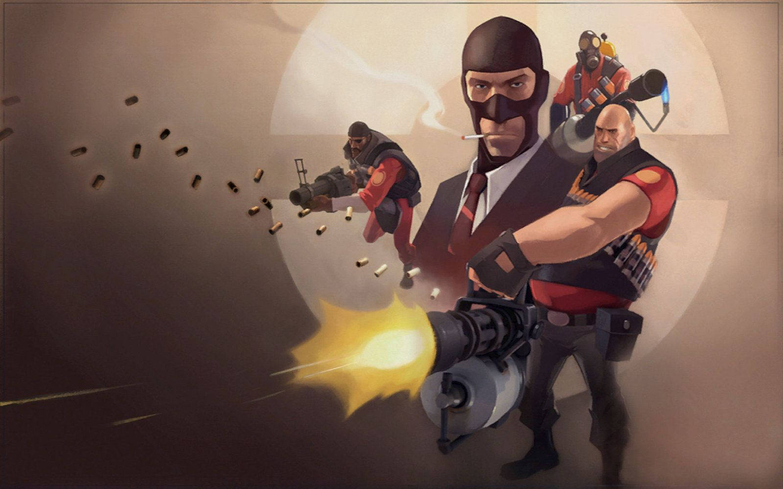 Tf2 桌布 壁紙 — 一幅粗糙的數位藝術插圖，描繪四名身穿戰術裝備的武裝傭兵開火，彈殼在空中飛舞。