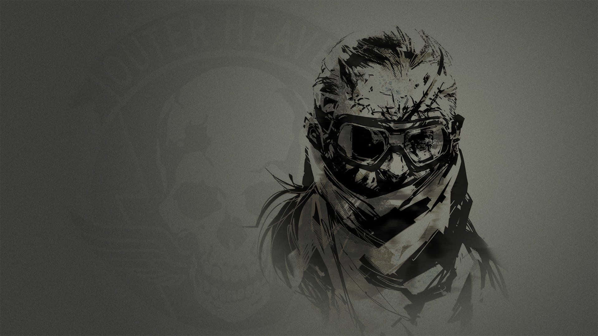 Tactical 桌布 壁紙 — 一幅粗糙的數位藝術肖像，描繪一個戴面具的人物，背景有護目鏡和骷髏標誌。