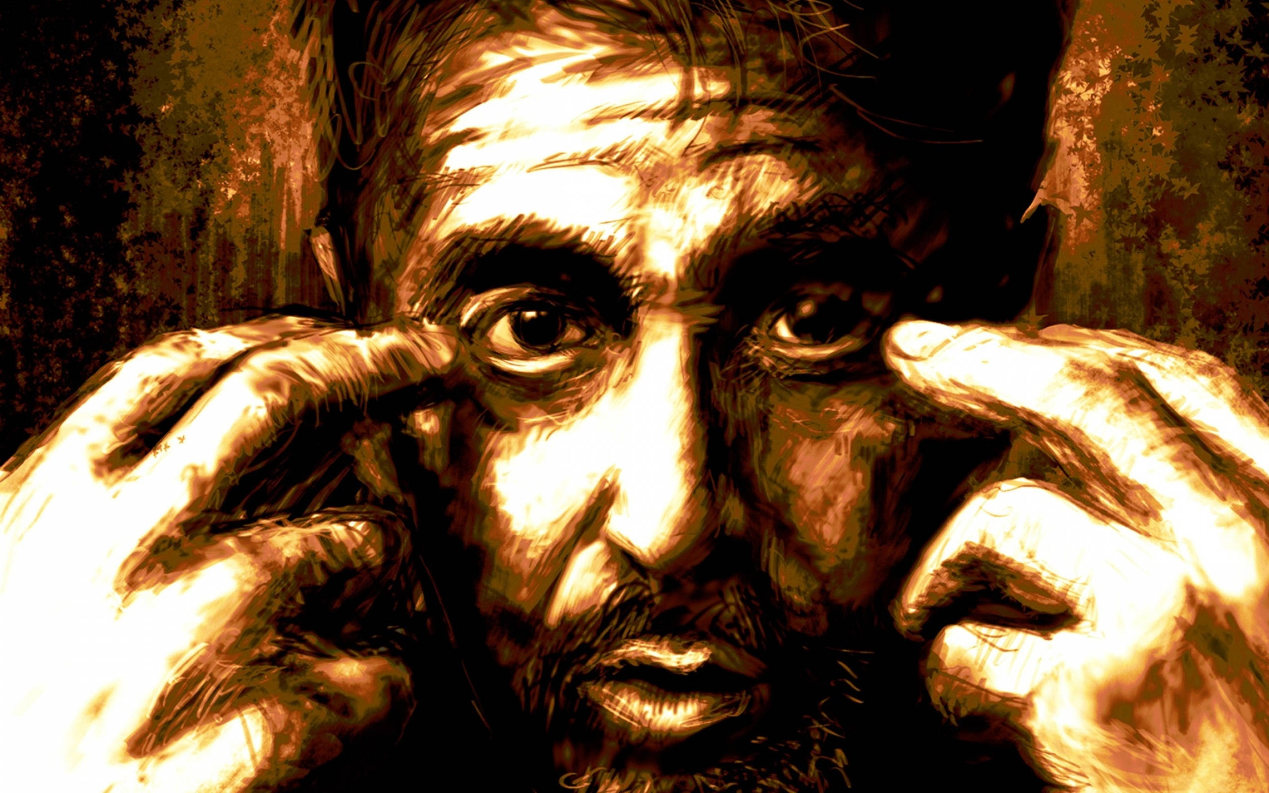 Al Pacino 桌布 壁紙 — 一幅粗糙的數位藝術肖像，描繪一個疲憊的男人在刺眼金色燈光下雙手按壓太陽穴。