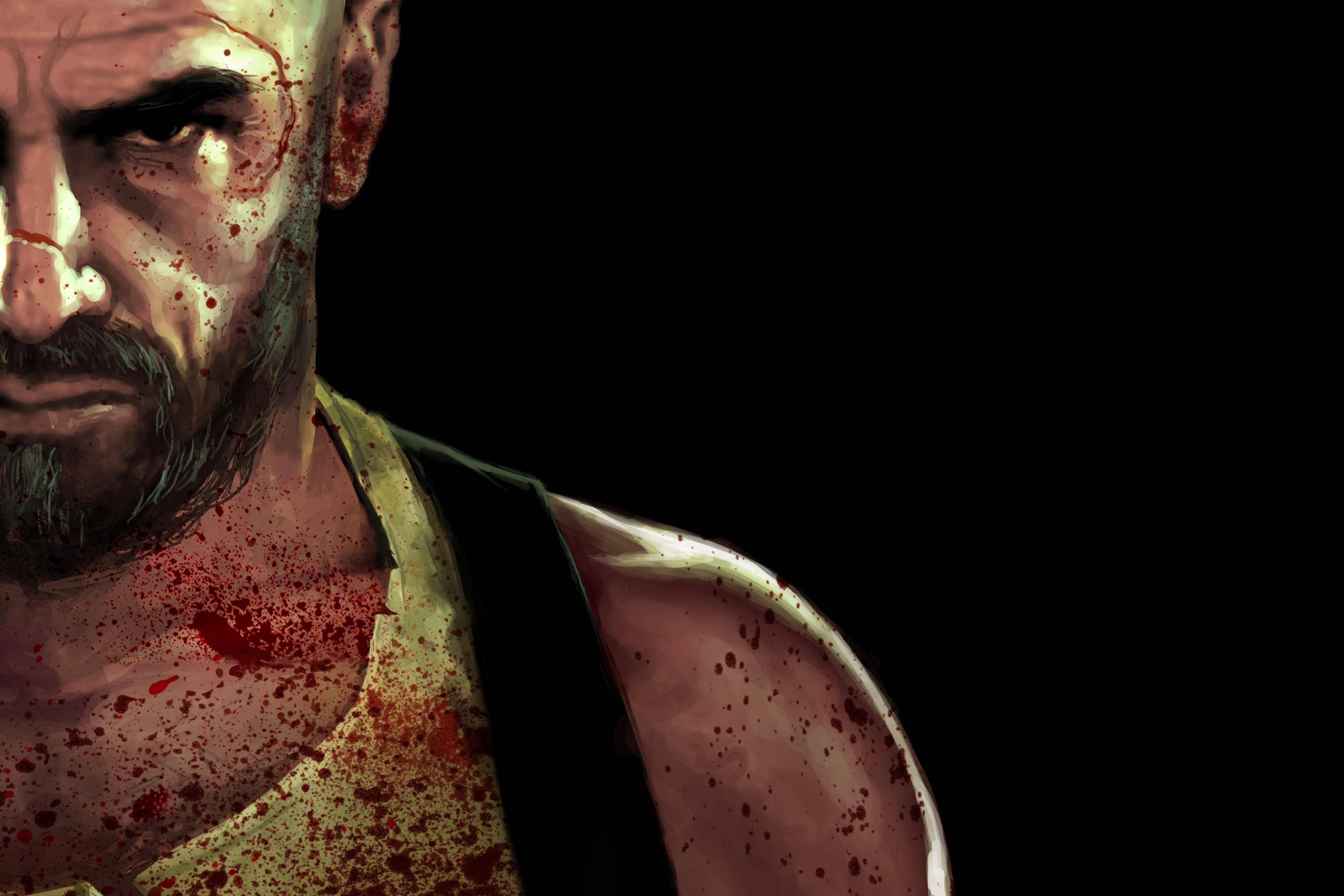 Max Payne 桌布 壁紙 — 一幅粗糙的數位藝術肖像，描繪一個血跡斑斑的光頭男子，在黑色背景前帶著嚴厲的目光。