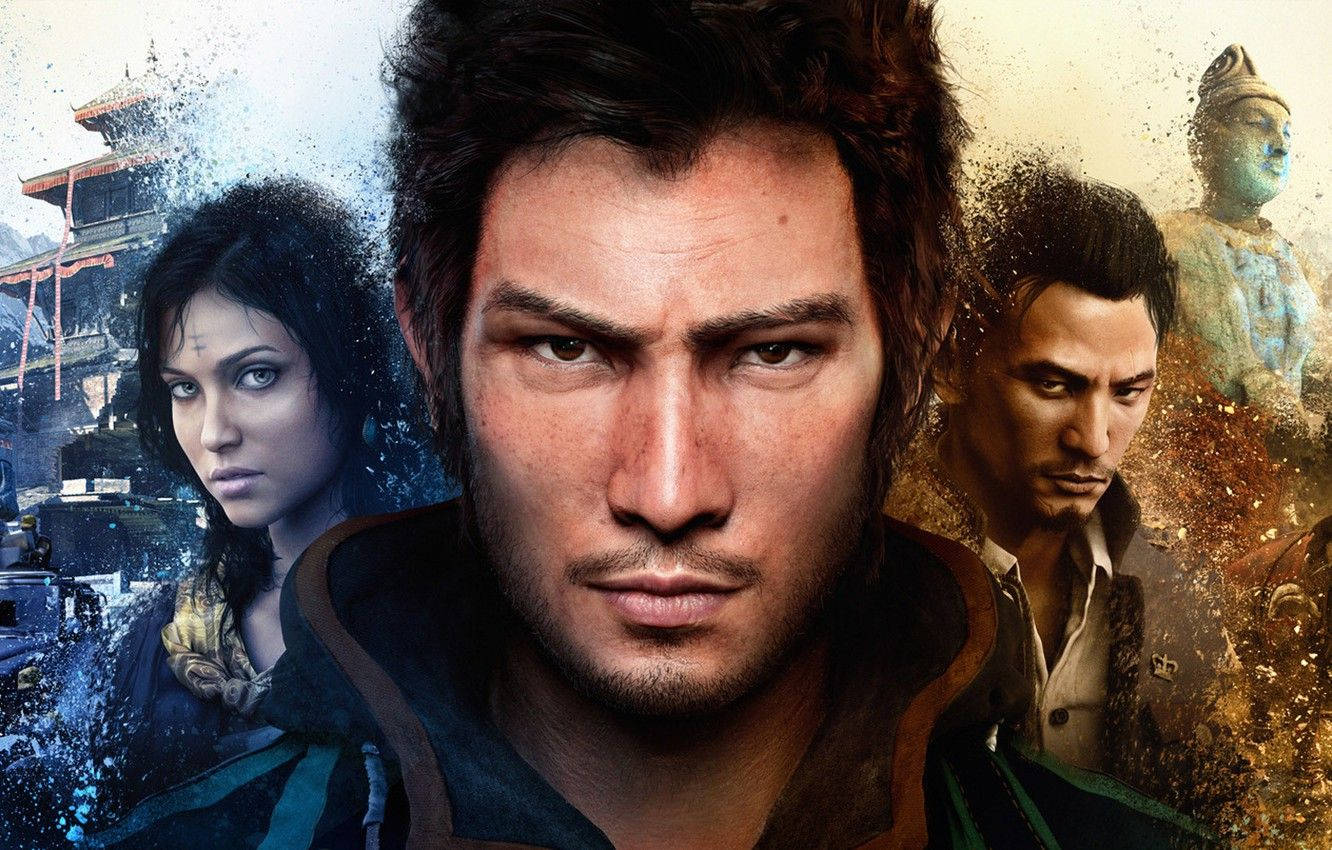 Far Cry 4 桌布 壁紙 — 一幅粗糙的數位藝術肖像畫，描繪一個堅定的男人與兩個盟友，背景是古老寺廟和戰火摧殘的景觀。
