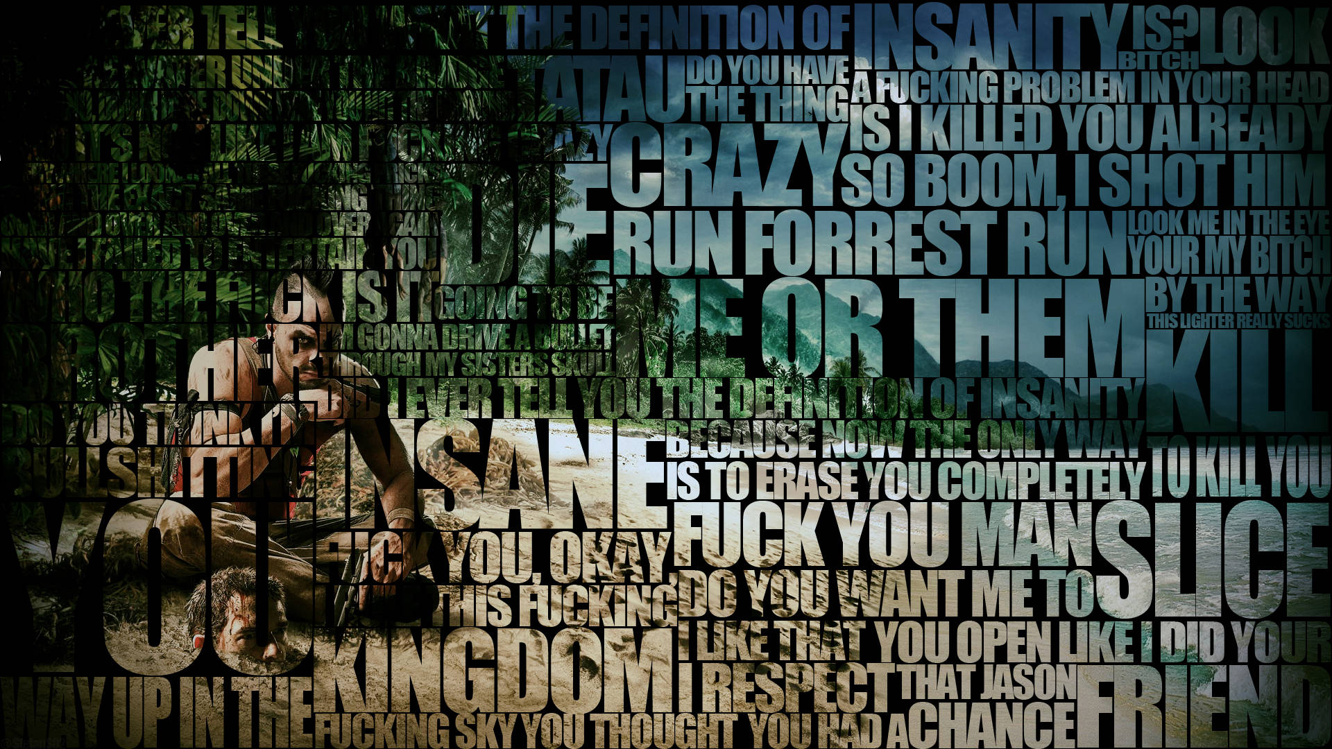 Far Cry 3 桌布 壁紙 — 一幅粗糙的文字拼貼畫，描繪一個持槍男子置身於叢林色調的混亂短語中。