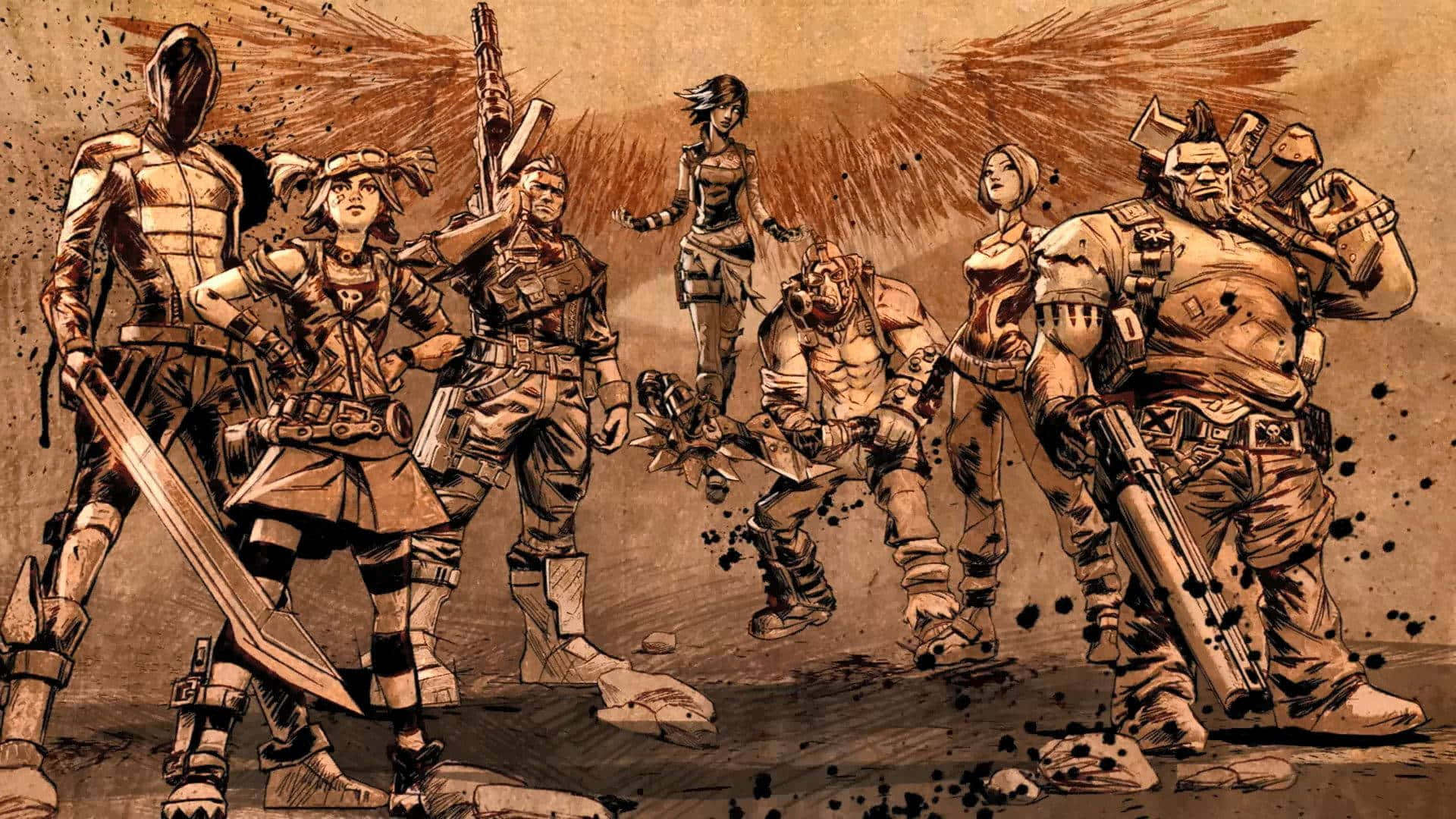 1080p Borderlands 3 桌布 壁紙 — 一幅粗糙的棕褐色調插圖，描繪七名身穿戰鬥裝備的武裝戰士以備戰陣型站立。