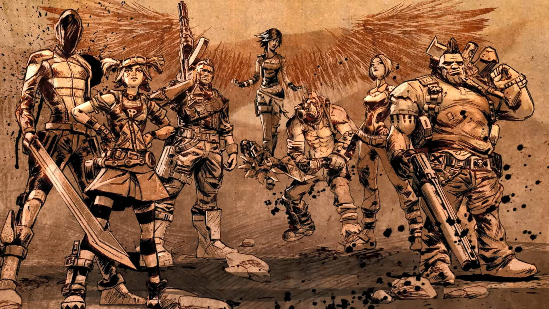 Borderlands 3 桌布 壁紙 — 一幅粗糙的棕褐色調插圖，描繪七名身穿戰鬥裝備的武裝戰士，在荒涼的廢土上挑釁地站立。