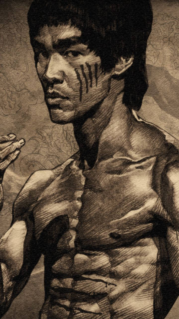 李小龍 桌布 壁紙 — 一幅粗糙的棕褐色調插圖，描繪李小龍以戰鬥姿勢站立，帶有部落臉部彩繪和清晰的肌肉線條。