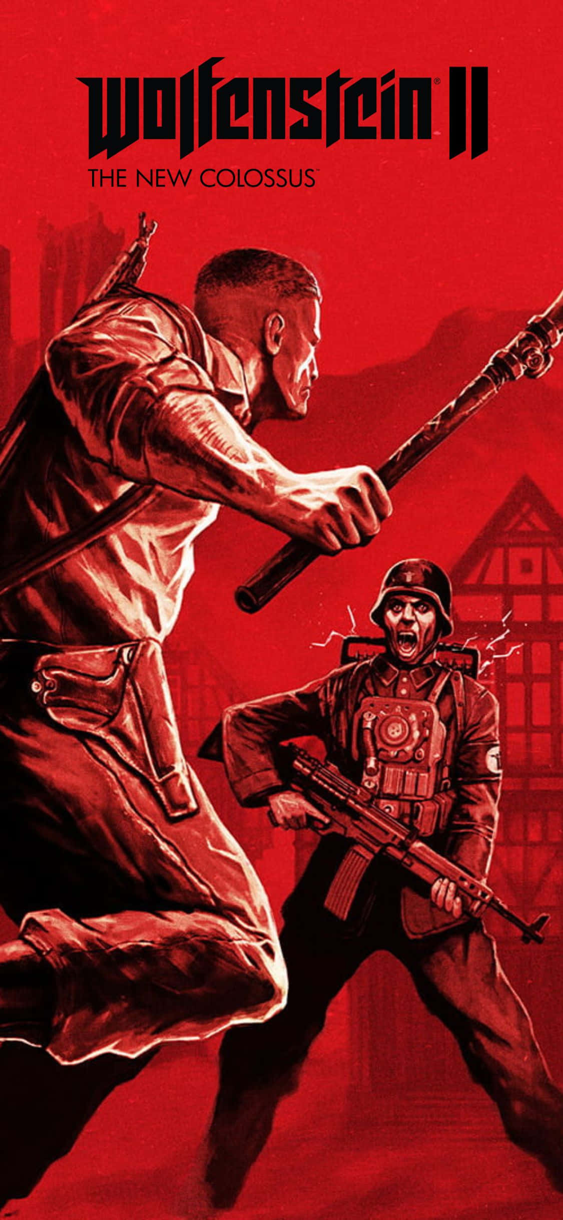 電玩遊戲 桌布 壁紙 — 一幅粗糙的紅色色調插圖顯示一名士兵在緊張的戰鬥場景中揮舞球棒攻擊納粹士兵。