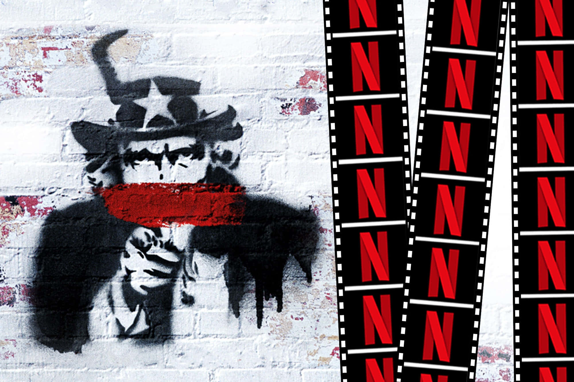 Netflix 桌布 壁紙 — 一幅粗糙的街頭壁畫，描繪山姆大叔嘴上貼著紅色封條，兩側是重複的Netflix膠卷條，背景是風化的磚牆。