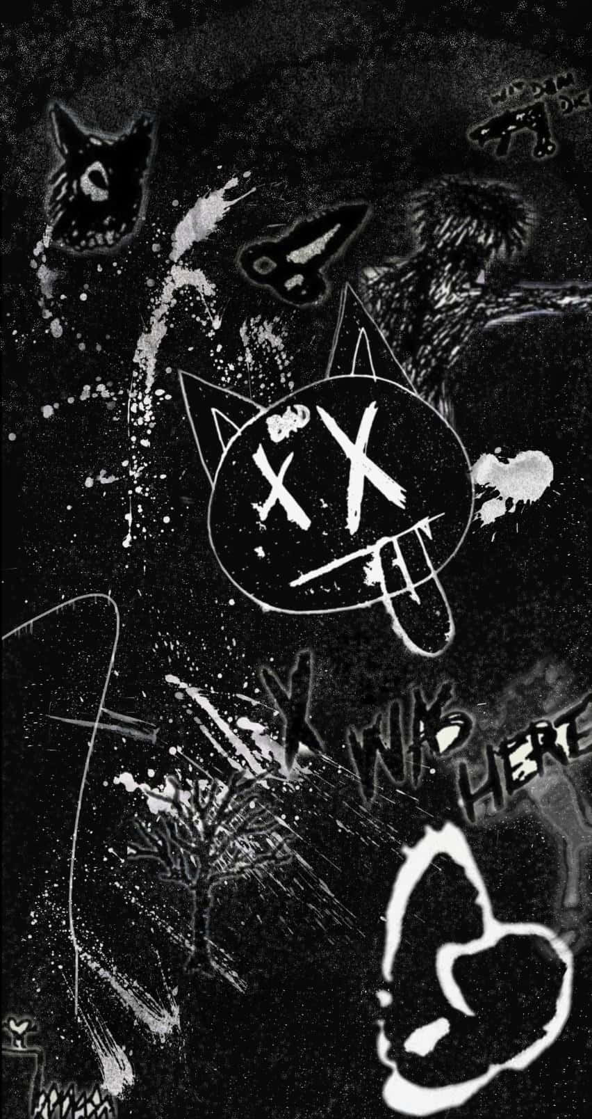 Black And White Collage 桌布 壁紙 — 一幅粗糙的黑白塗鴉牆，中央有一個帶有X眼睛的貓臉，周圍環繞著混亂的噴漆標籤和抽象飛濺。