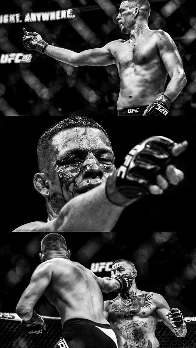 UFC 桌布 壁紙 — 一幅粗糙的黑白拼貼畫，描繪UFC拳手在八角籠內激烈戰鬥的瞬間。