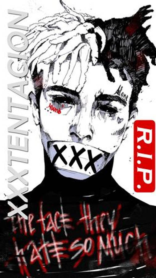 酷酷的xxxtentacion 桌布 壁紙 — 一幅粗糙的黑白插圖，人物嘴上帶有X標記和「R.I.P.」文字，傳達黑暗的致敬氛圍。