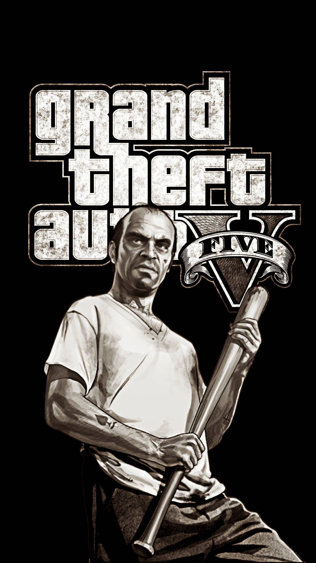 標誌 桌布 壁紙 — 一幅粗糙的黑白插圖，描繪一個兇惡的男人在《Grand Theft Auto V》標誌下拿著棒球棍。