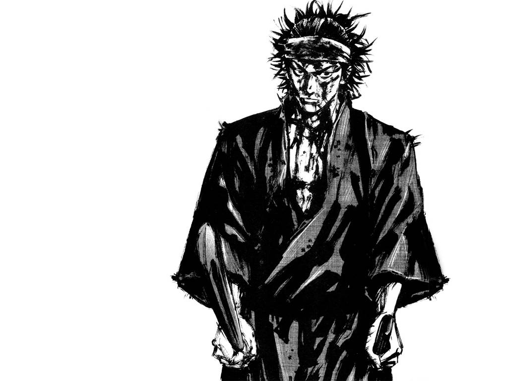 Illustration Art 桌布 壁紙 — 一幅粗糙的黑白插圖，描繪一個堅定的武士，頭髮尖刺，滿臉鮮血，手持劍。