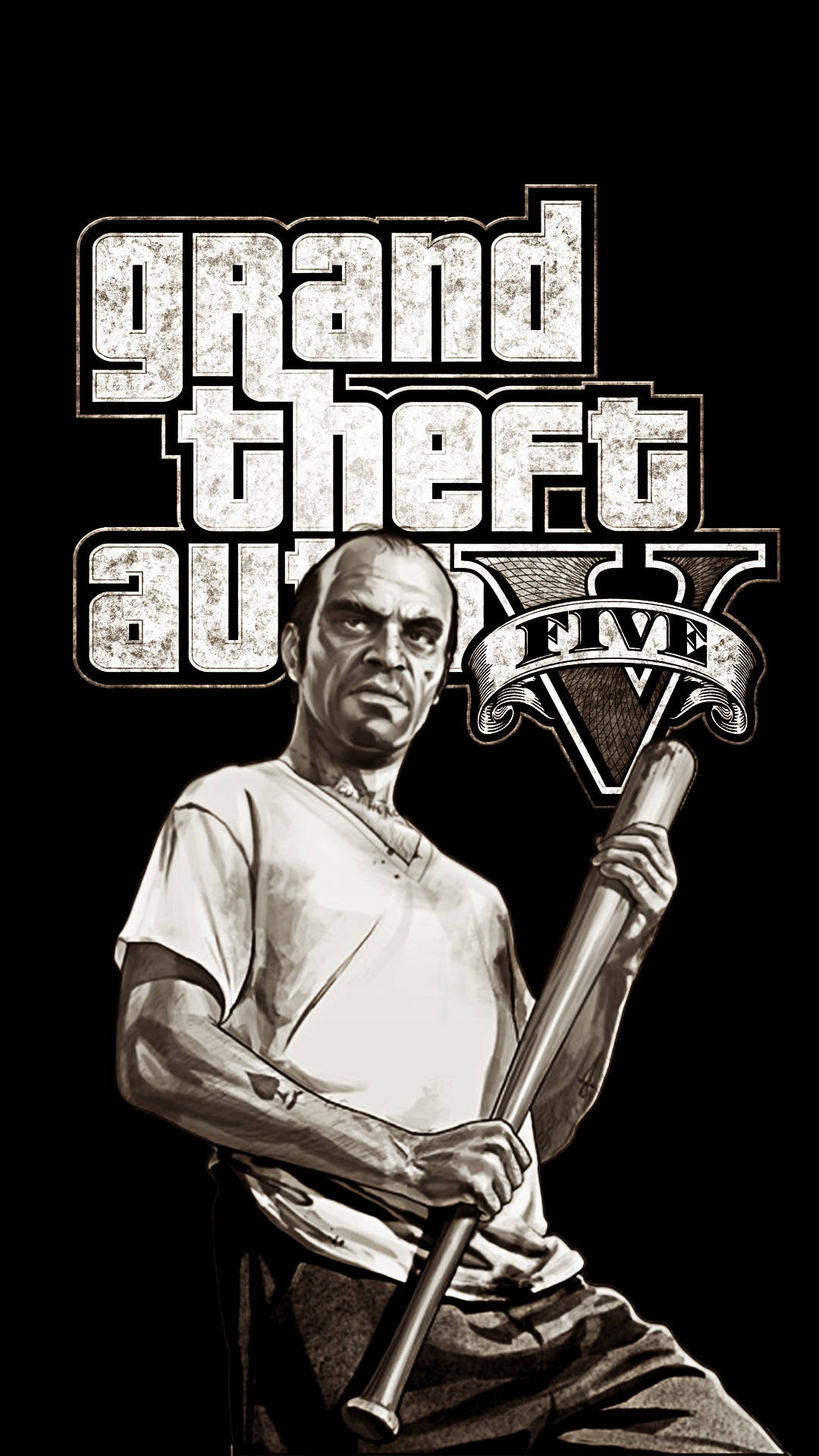 gta iPhone 桌布 壁紙 — 一幅粗糙的黑白插圖，描繪一個帶有威脅性的男人在『Grand Theft Auto V』標誌下拿著棒球棍。