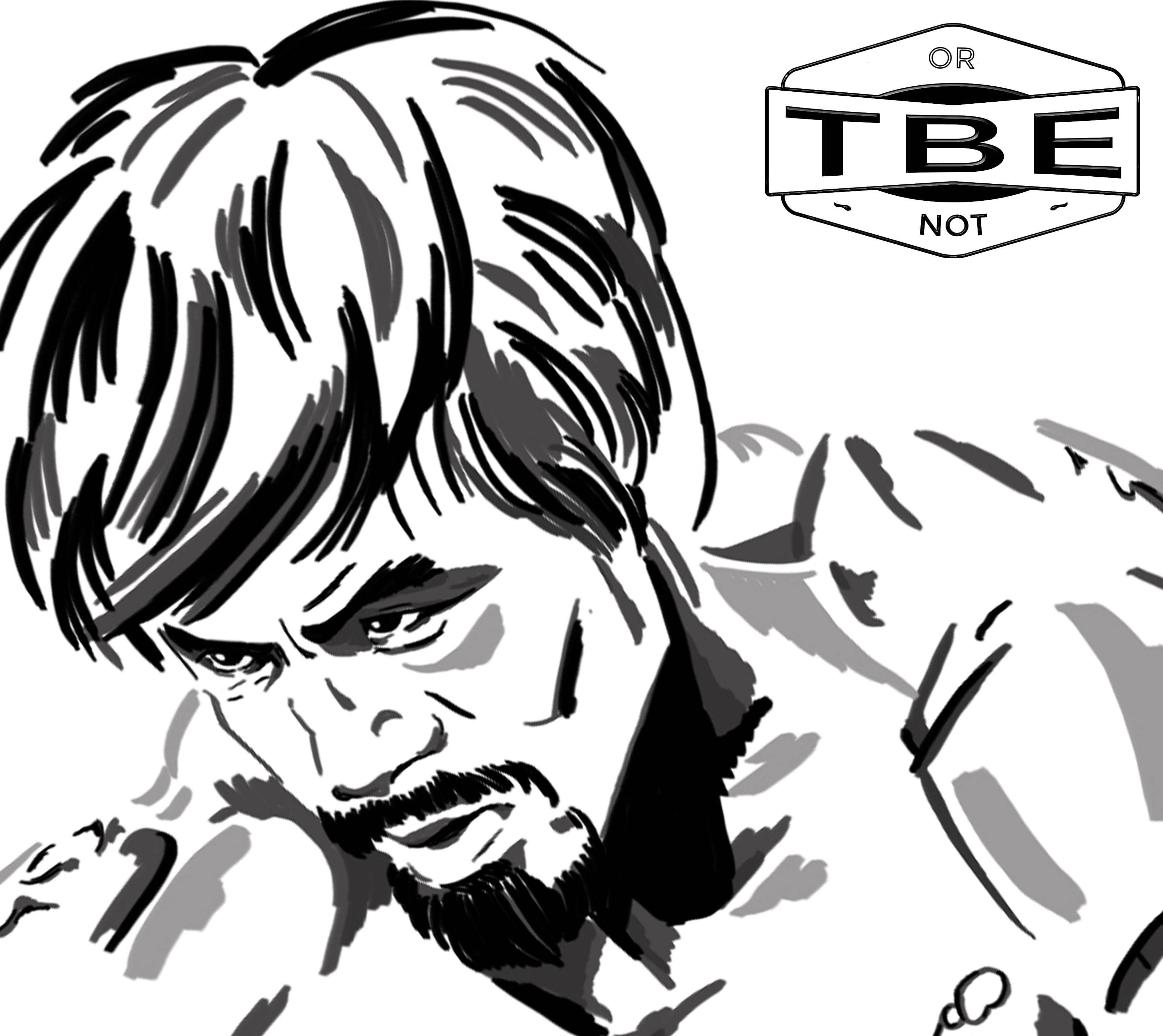 Manny Pacquiao 桌布 壁紙 — 一幅粗糙的黑白插圖，描繪一個眼神銳利、留鬍鬚的男人，表情嚴肅地向下凝視。