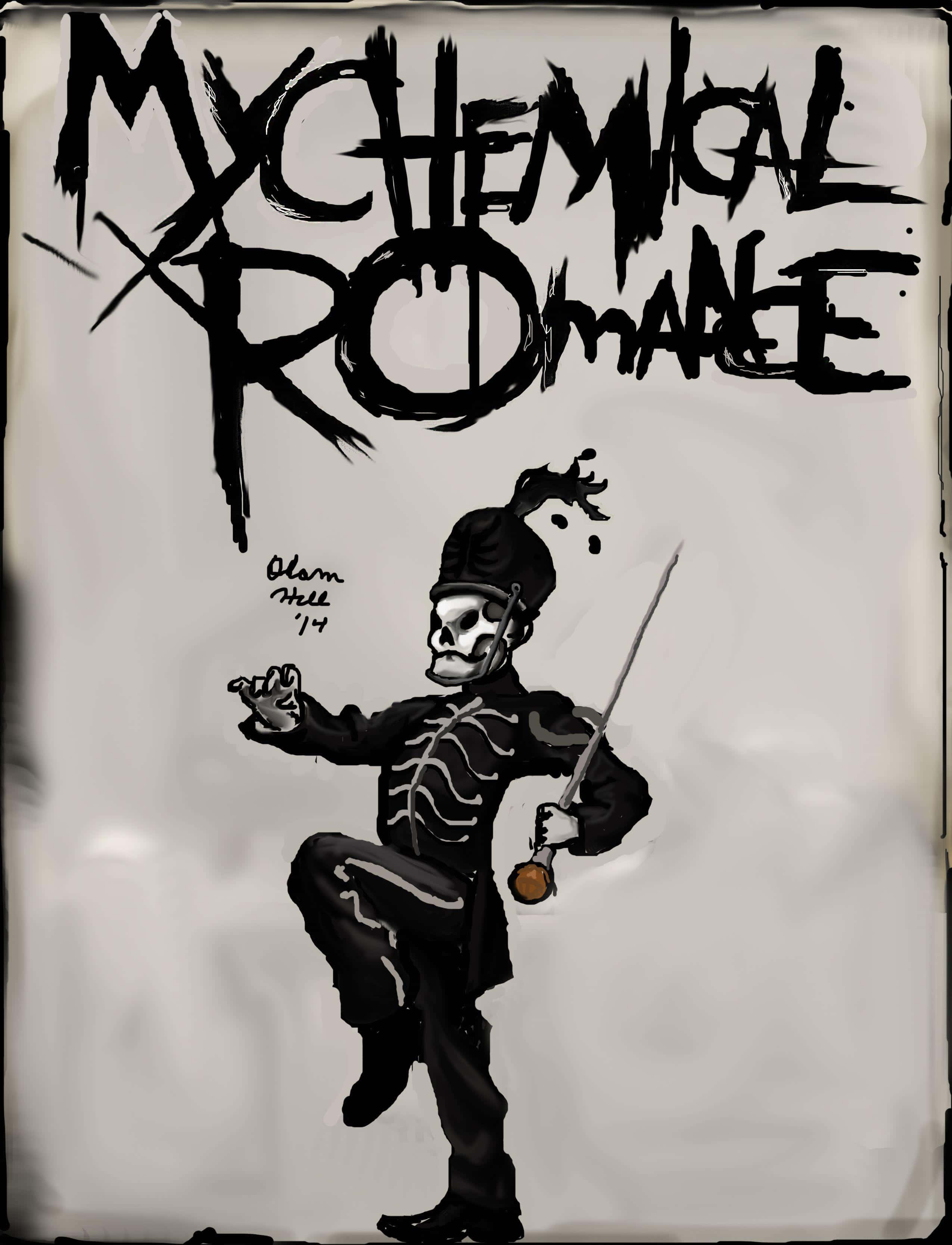 my chemical romance 桌布 壁紙 — 一幅粗糙的黑白插圖，描繪一個穿著行進樂隊制服的骷髏手持指揮棒和劍。