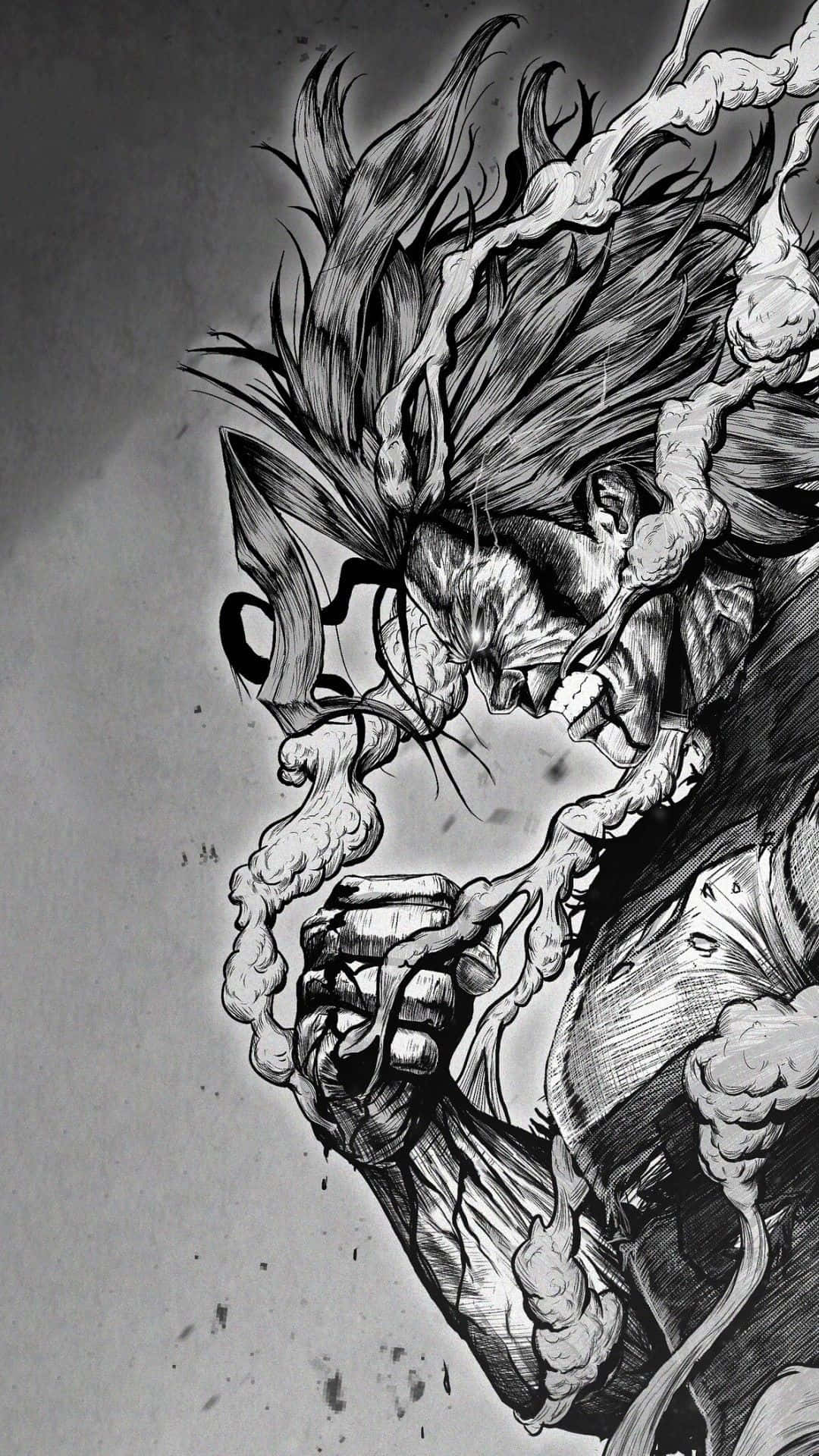 歐爾麥特 桌布 壁紙 — 一幅粗糙的黑白插圖，描繪一個肌肉發達、頭髮狂野的男人，握緊拳頭噴出煙霧，正在尖叫。