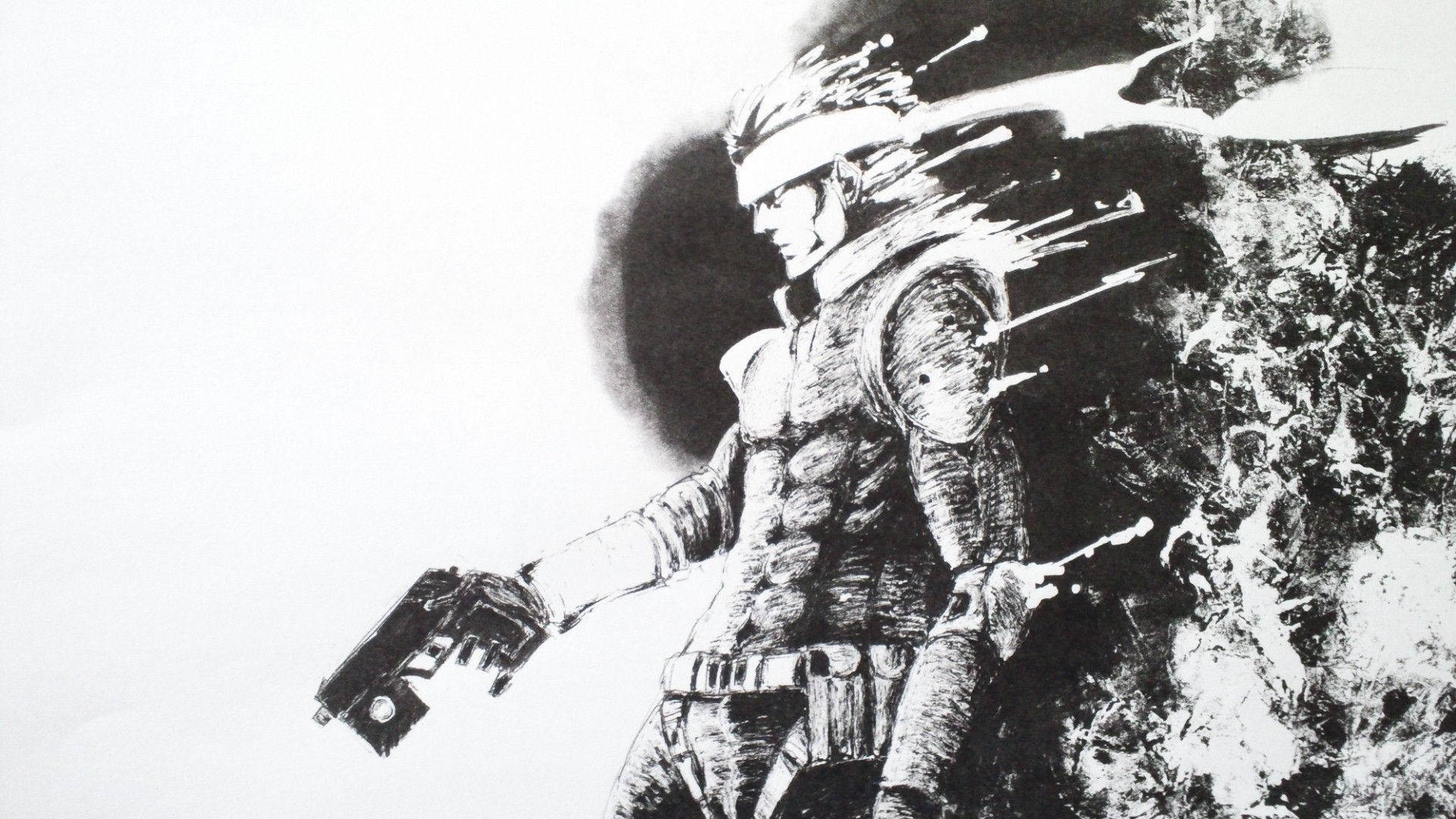 metal 桌布 壁紙 — 一幅粗糙的黑白插圖，描繪一個肌肉發達、身穿戰術裝備的男子，以動態動作線條射擊手槍。
