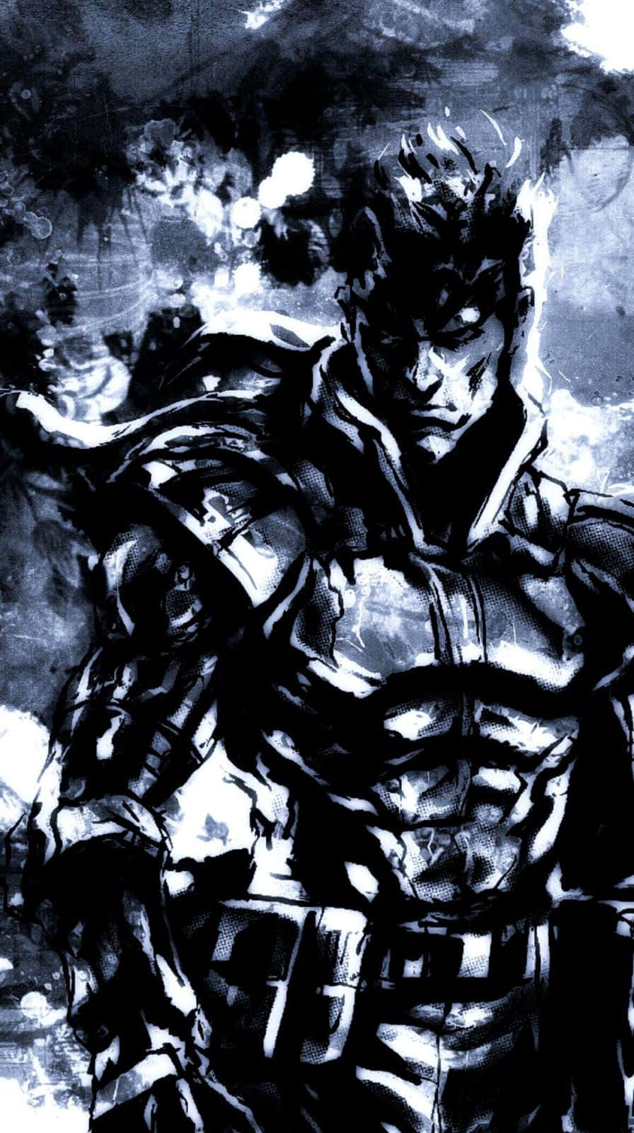 character 桌布 壁紙 — 一幅粗糙的黑白插圖，描繪一個肌肉發達、身穿盔甲的戰士，在混亂的背景中露出兇猛的表情。