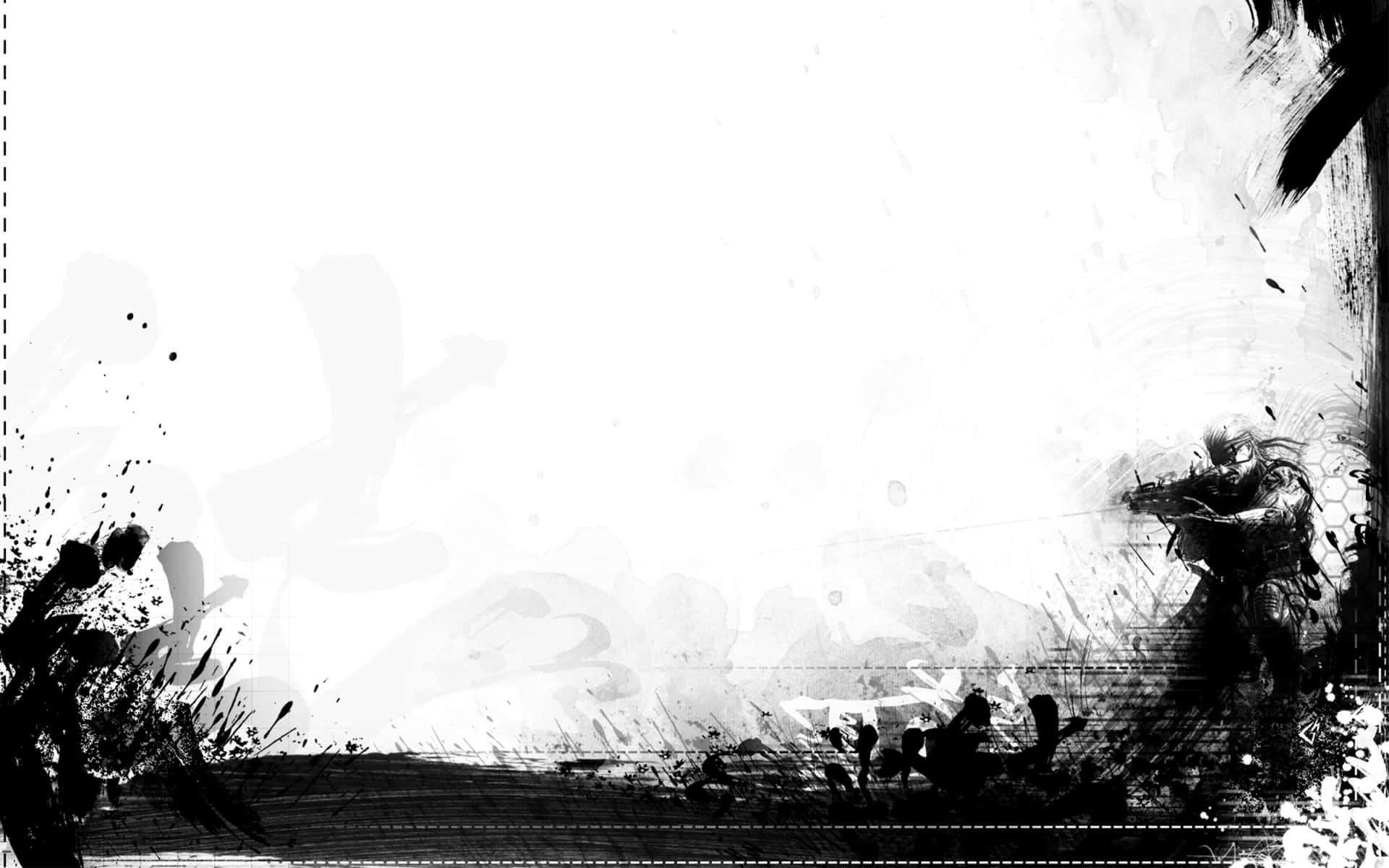 Minimalist Black And White 桌布 壁紙 — 一幅粗糙的黑白插圖，描繪一名士兵在混亂的墨水飛濺和煙霧質感中戰鬥。