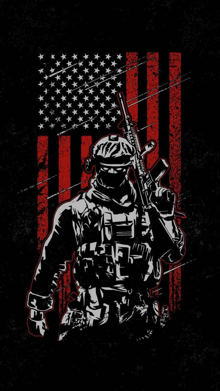軍事動圖 桌布 壁紙 — 一幅粗糙的黑白插圖，描繪一名戴面具的士兵在破舊的美國國旗背景下持步槍。