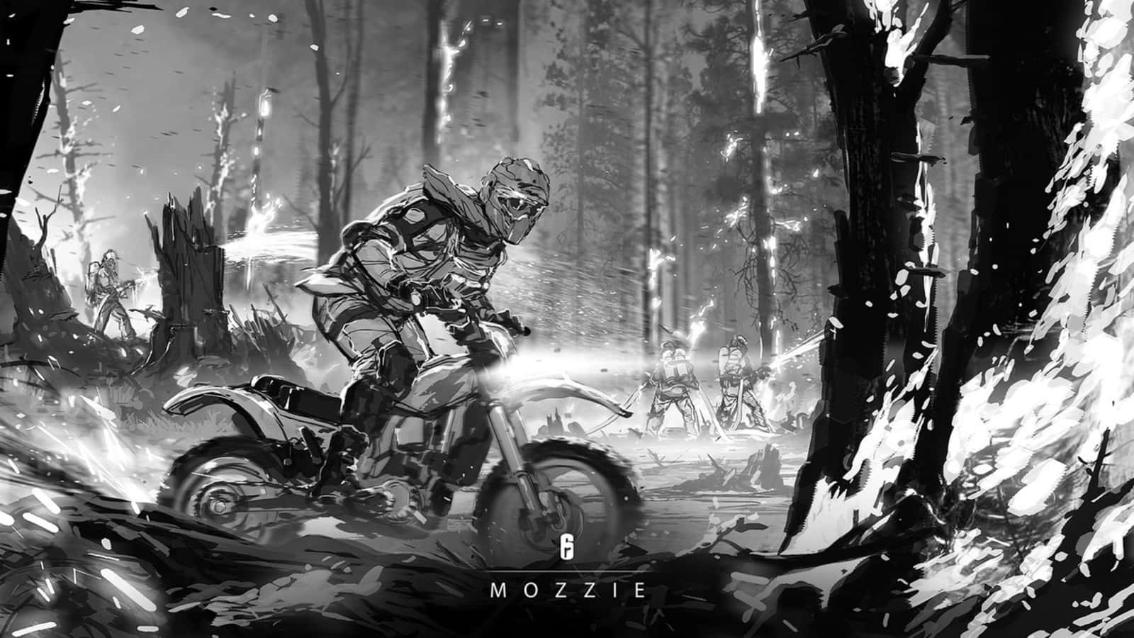 Rainbow Six Siege Mozzie 桌布 壁紙 — 一幅粗糙的黑白插圖，描繪一名摩托車手在黑暗的森林中疾馳，車輪飛濺出火花。