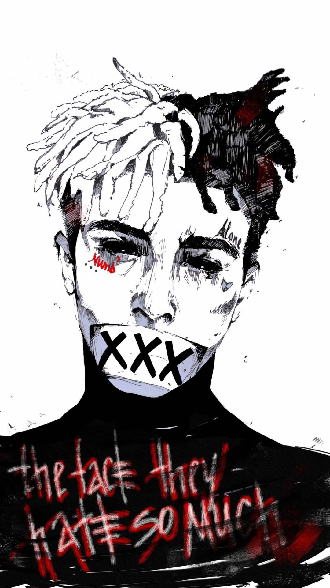 xxxtentacion 動畫 桌布 壁紙 — 一幅粗糙的黑白插圖，描繪一名留著辮子、嘴上塞著布條的男子，胸前有紅色塗鴉文字寫著「the face they hate so much」。
