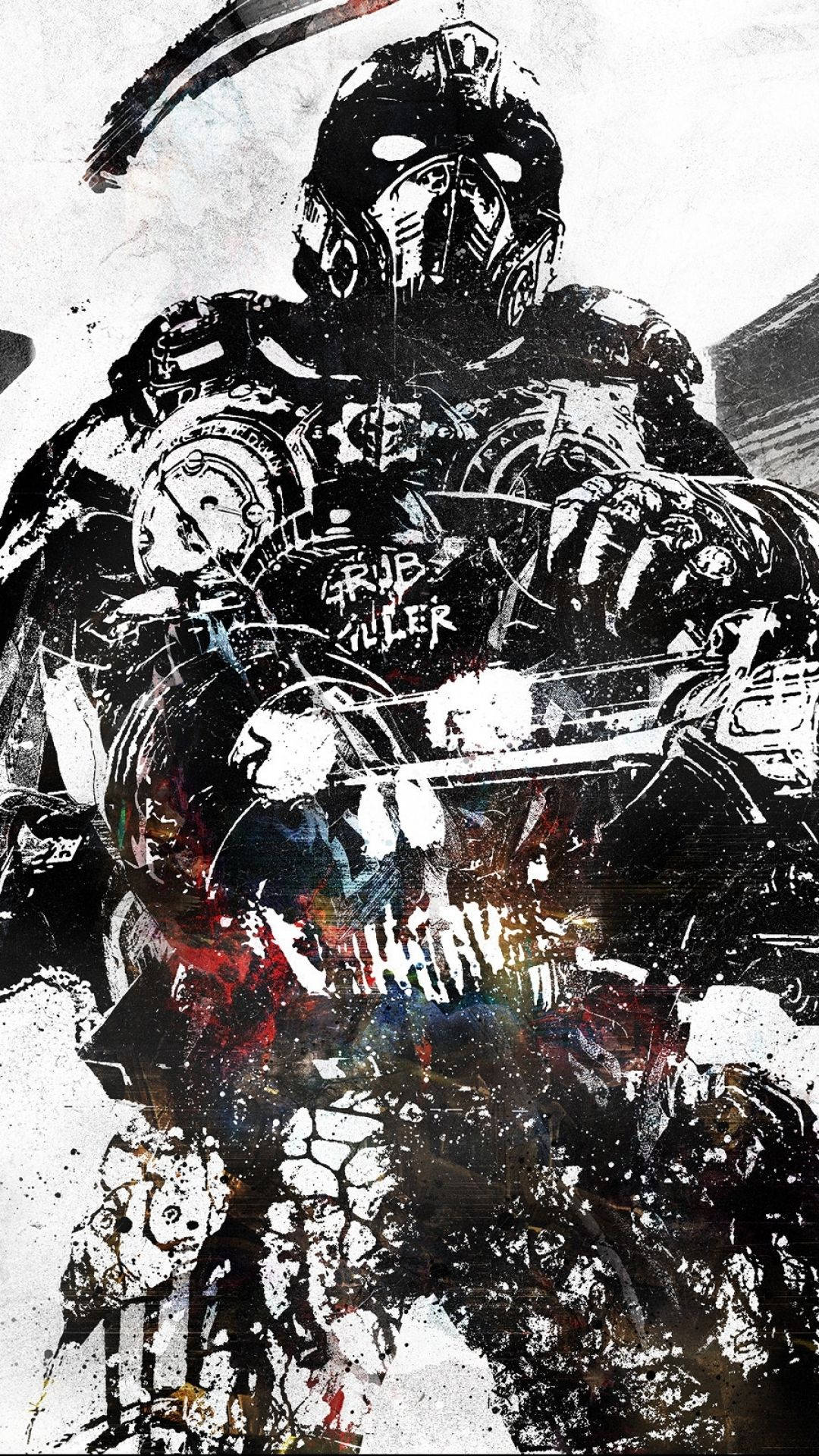 Gears Of War 桌布 壁紙 — 一幅粗糙的黑白插圖，描繪一名身穿重甲、戴著威嚇面具的戰士手持武器。
