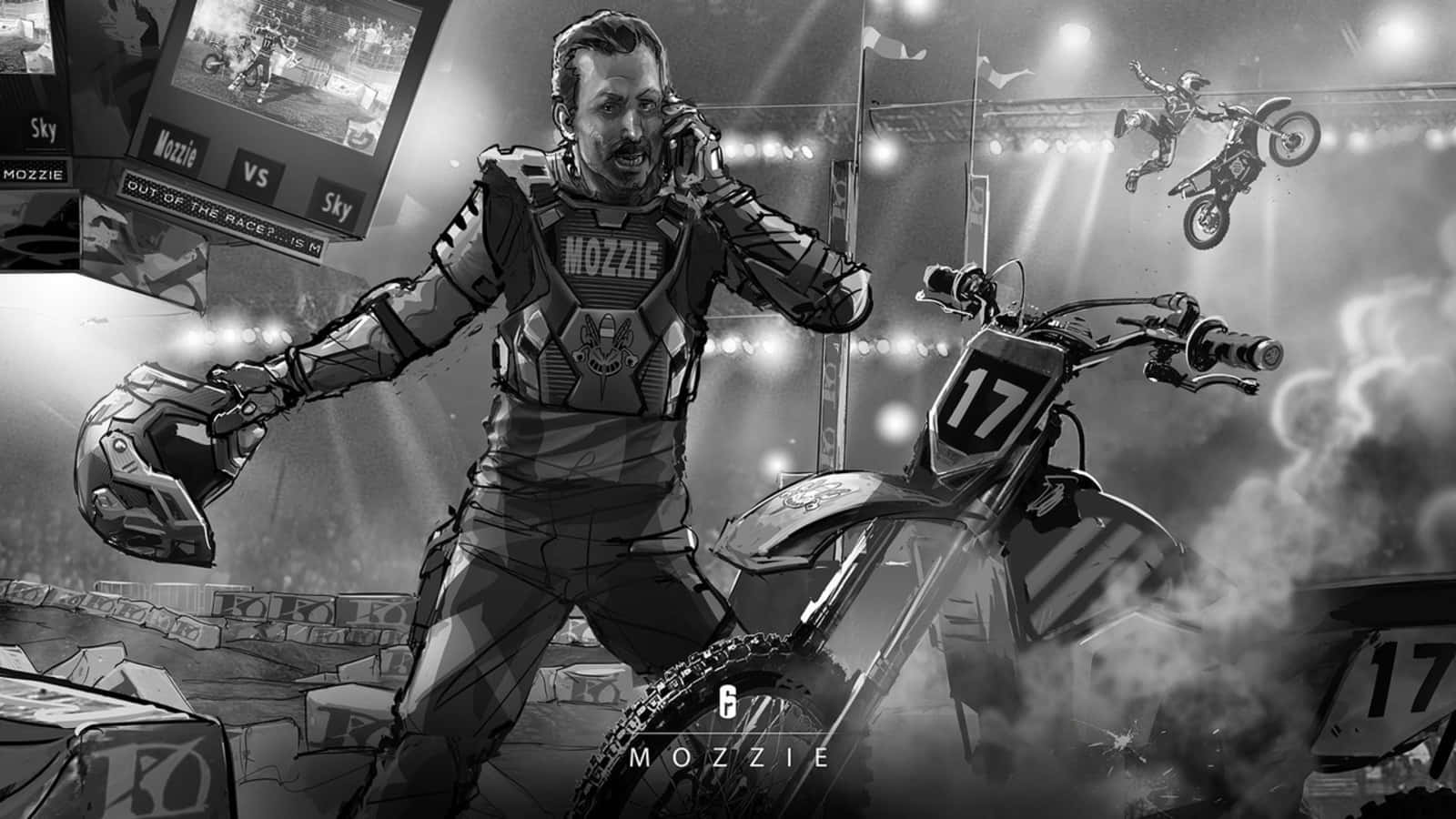 Rainbow Six Siege Mozzie 桌布 壁紙 — 一幅粗糙的黑白插圖，描繪一名身穿裝備的越野摩托車手在煙霧和體育場燈光中手持頭盔。