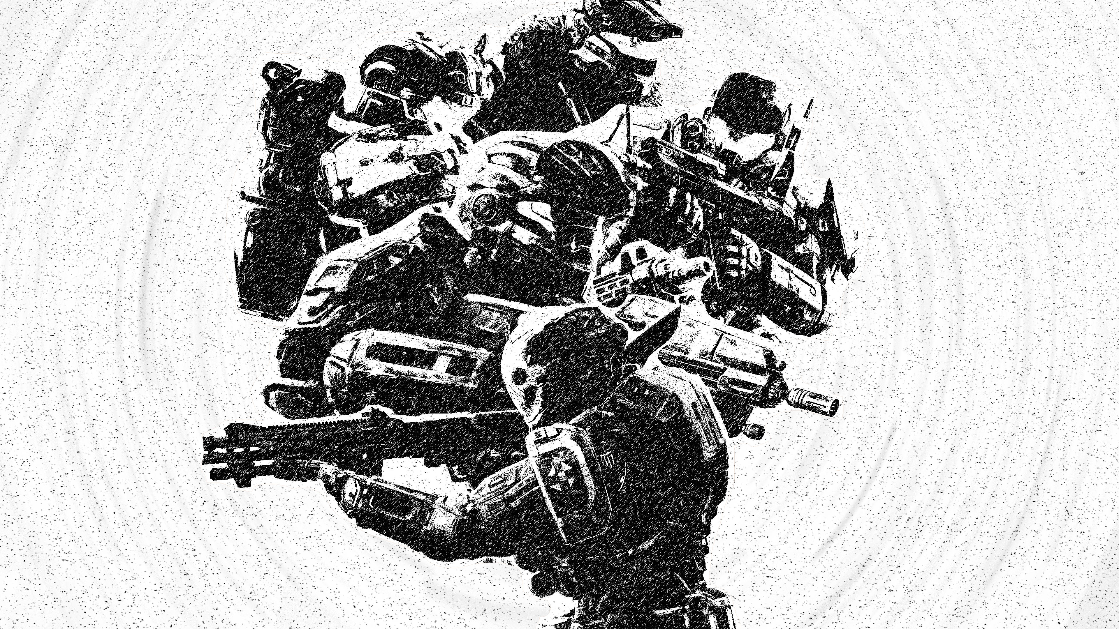 4K halo 桌布 壁紙 — 一幅粗糙的黑白插圖，描繪一名身穿重甲的士兵正在瞄準步槍，背景有多個重疊的人物。