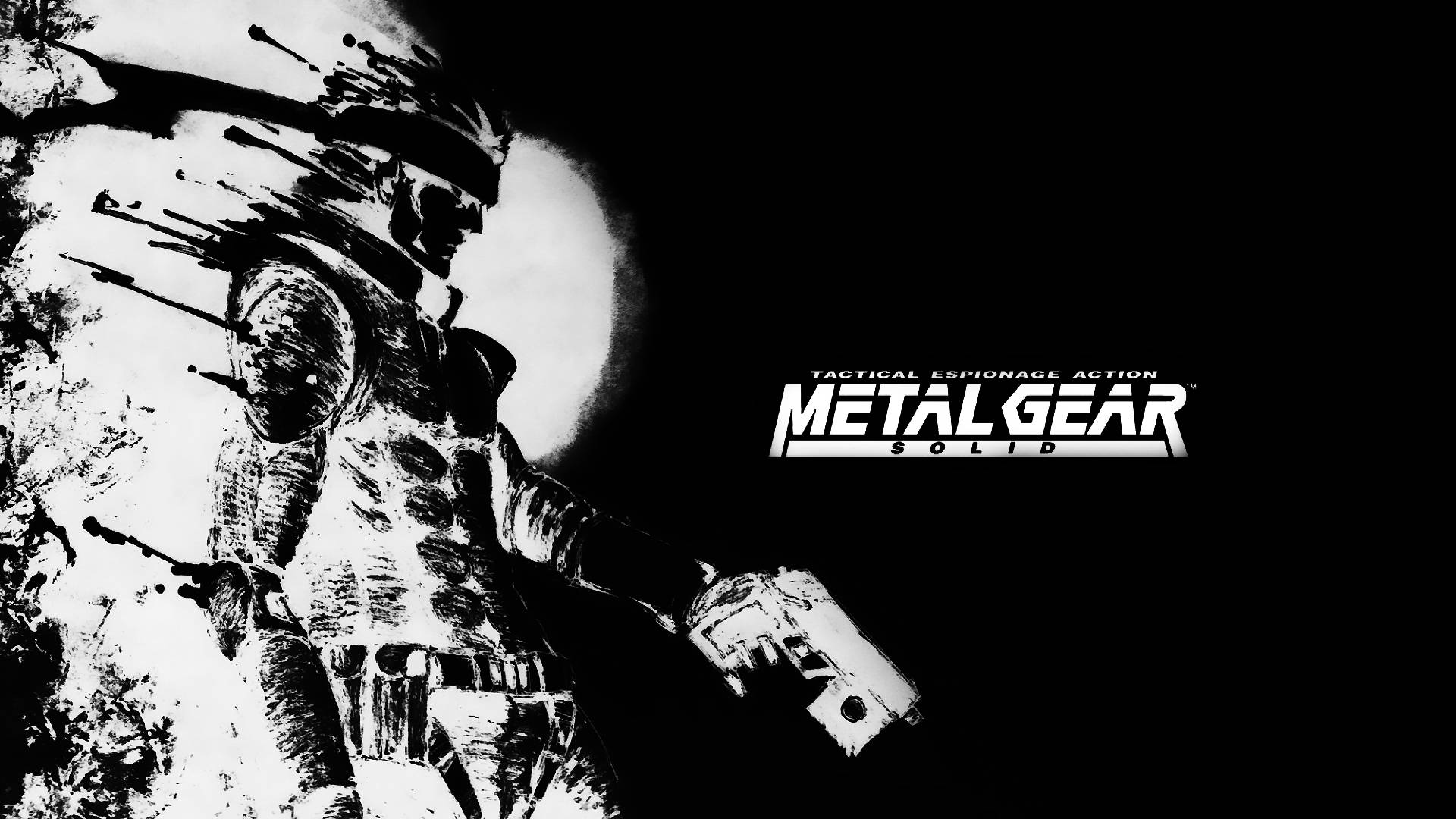 metal 桌布 壁紙 — 一幅粗糙的黑白插圖，描繪一名身穿戰術裝備的士兵在 stark 月光背景下手持手槍。