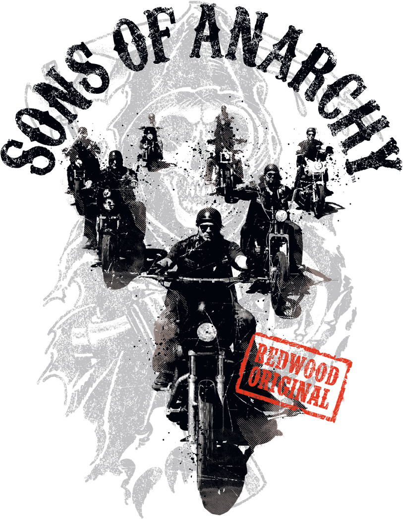Sons Of Anarchy 桌布 壁紙 — 一幅粗糙的黑白插圖，描繪一群混亂的摩托車騎士，並帶有醒目的紅色「Redwood Original」印章。