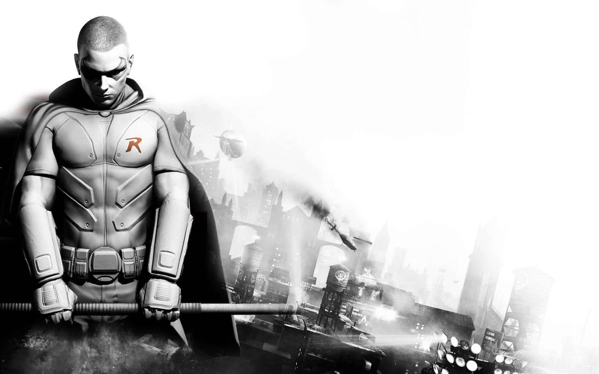 Batman Arkham City 桌布 壁紙 — 一幅粗糙的黑白漫畫風格圖像，描繪羅賓站在煙霧瀰漫的城市景觀中，胸前有一個紅色的「R」標誌。