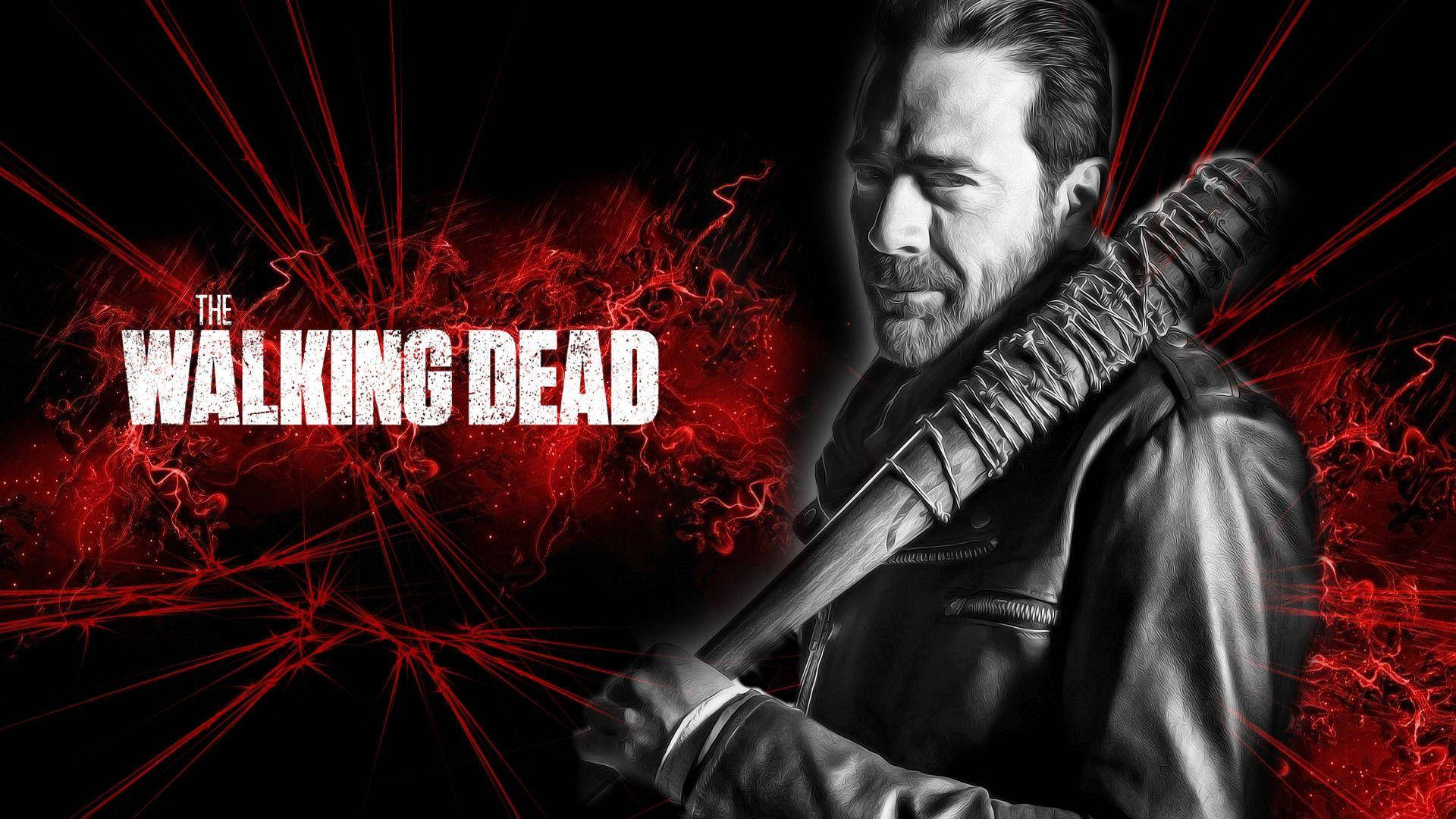 Negan 桌布 壁紙 — 一幅粗糙的黑白肖像，一個留鬍子的男人在黑暗背景中拿著帶刺的球棒，背景有紅色能量爆發和標題 The Walking Dead。